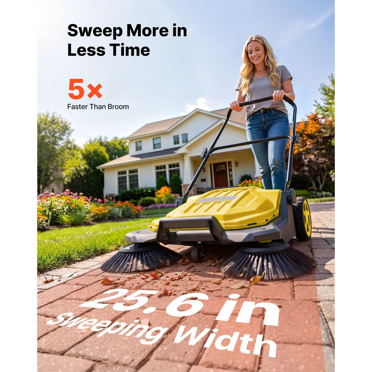 Walk-Behind Hand Push Floor Sweeper, Manual Floor Sweeper Non-Electric with 25.6" Sweeping Width, 5 Gallons Waste Container & Adjustable Folding Handle for Yards Walkways Patios Garages - Yellow