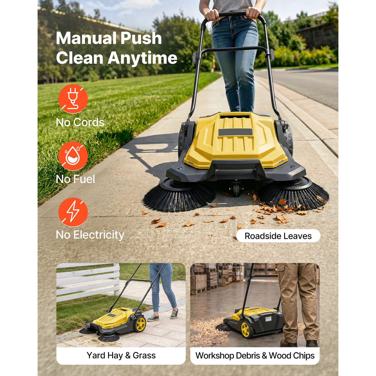 Walk-Behind Hand Push Floor Sweeper, Manual Floor Sweeper Non-Electric with 25.6" Sweeping Width, 5 Gallons Waste Container & Adjustable Folding Handle for Yards Walkways Patios Garages - Yellow