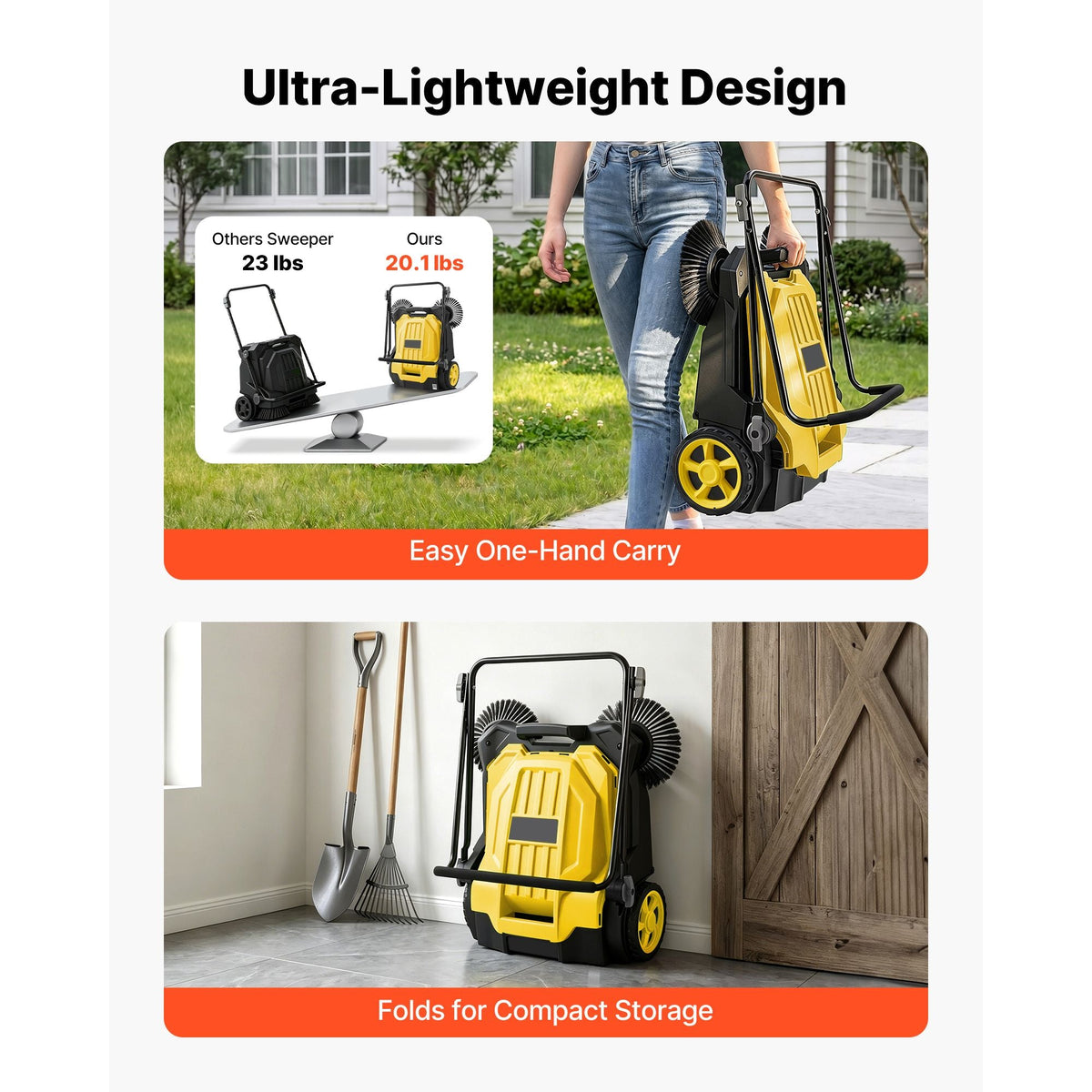 Walk-Behind Hand Push Floor Sweeper, Manual Floor Sweeper Non-Electric with 25.6" Sweeping Width, 5 Gallons Waste Container & Adjustable Folding Handle for Yards Walkways Patios Garages - Yellow