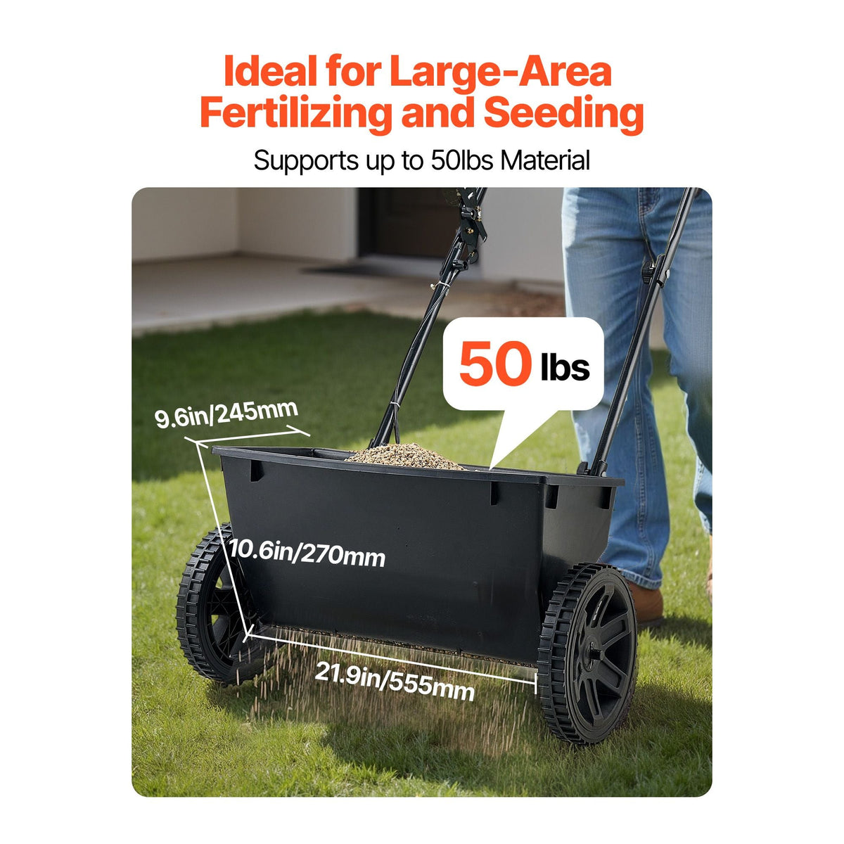 Walk-Behind Push Spreader, 50LBS Capacity, Drop Spreader with Hopper Grate, 18 in Spreading Width & 30 Settings, 10 in All Terrain Tires, Garden & Lawn Spreaders for Seed, Fertilizer, Salt