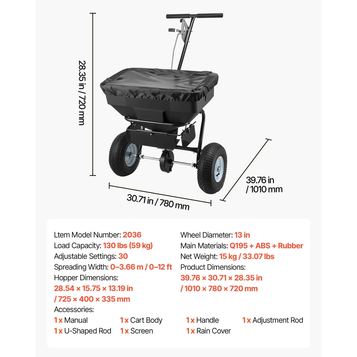Walk-Behind Spreader, 12ft Spreading Width, Push Broadcast Spreader with 13" All-Terrain Tires, Adjustable Flow Control, 130lbs Capacity Hopper, Lawn Spreaders for Fertilizer Seed Ice Melt
