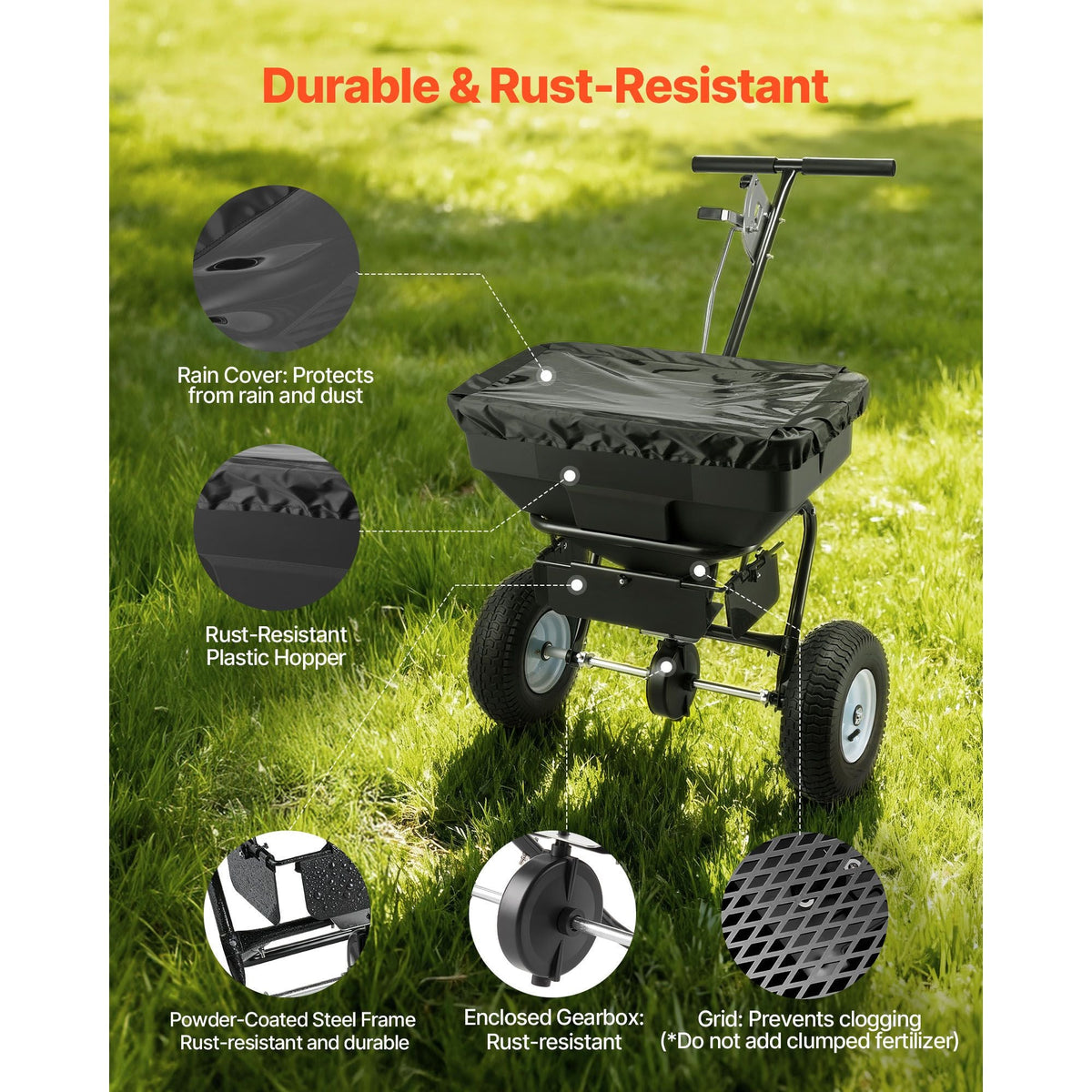 Walk-Behind Spreader, 12ft Spreading Width, Push Broadcast Spreader with 13" All-Terrain Tires, Adjustable Flow Control, 130lbs Capacity Hopper, Lawn Spreaders for Fertilizer Seed Ice Melt