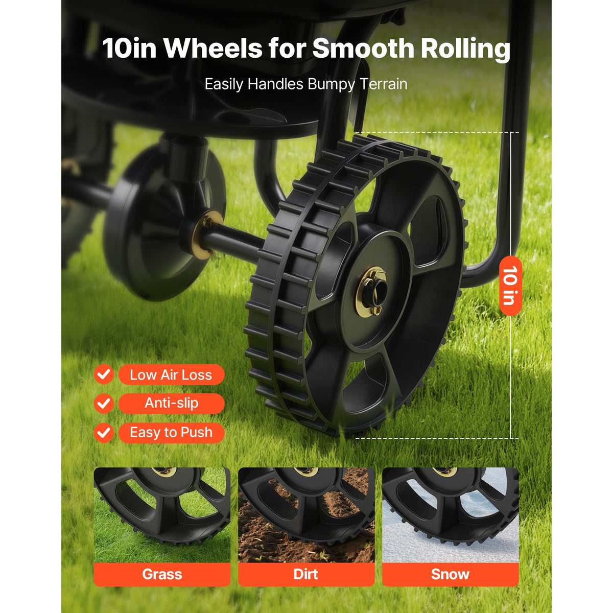 Walk-Behind Spreader, 9.8ft Spreading Width, Push Broadcast Spreader with 10" All-Terrain Tires, Adjustable Flow Control, 15lbs Capacity Hopper, Lawn Spreaders for Fertilizer Seed Small Home Use