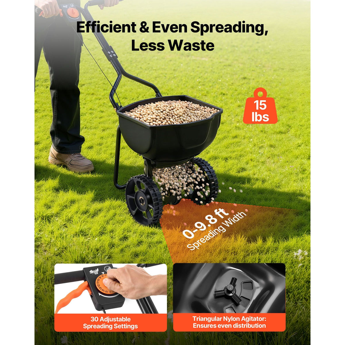 Walk-Behind Spreader, 9.8ft Spreading Width, Push Broadcast Spreader with 10" All-Terrain Tires, Adjustable Flow Control, 15lbs Capacity Hopper, Lawn Spreaders for Fertilizer Seed Small Home Use