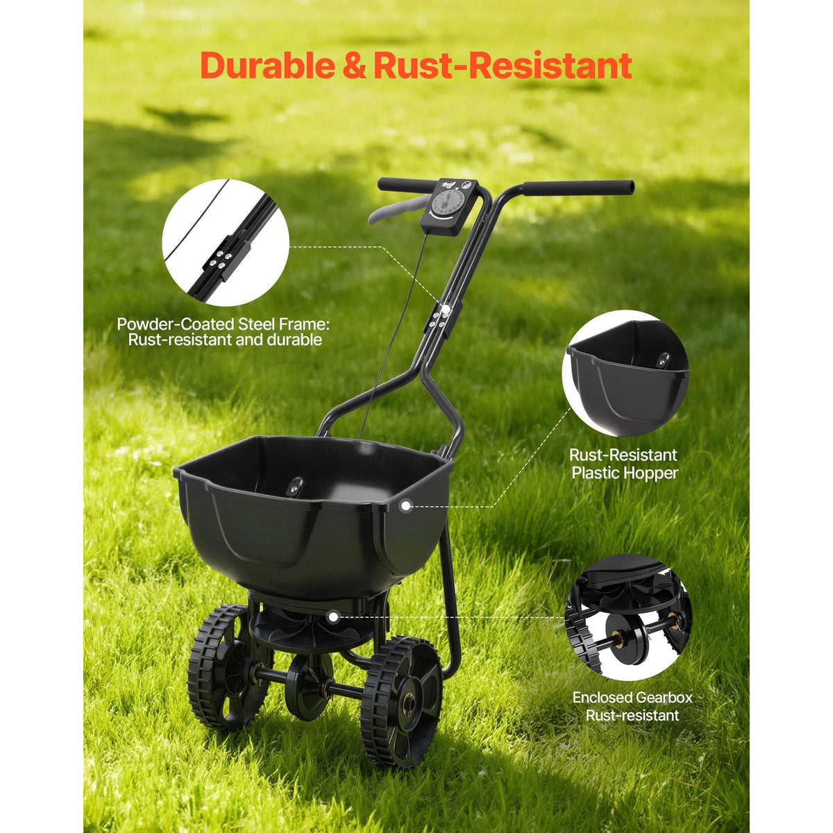 Walk-Behind Spreader, 9.8ft Spreading Width, Push Broadcast Spreader with 10" All-Terrain Tires, Adjustable Flow Control, 15lbs Capacity Hopper, Lawn Spreaders for Fertilizer Seed Small Home Use