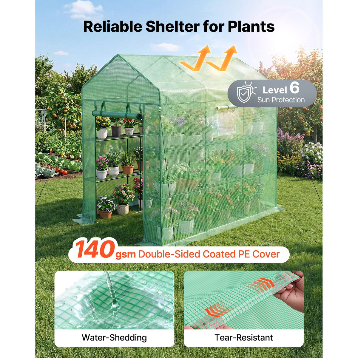 Walk-in Green House, 54 x 81.1 x 77.2 in, Greenhouse with Shelves, High Strength PE Cover with Zipper Door and Steel Frame, Assembly in Minutes, Suitable for Planting and Storage