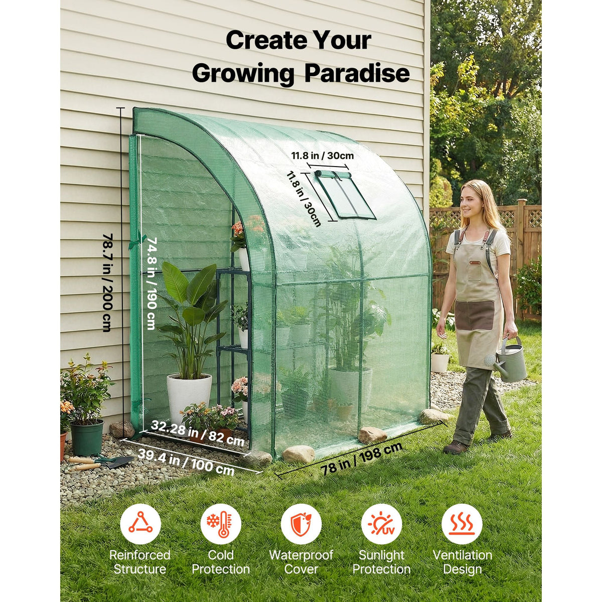 Walk-in Green House, 78 x 39.4 x 78.7 in, Greenhouse with Shelves, High Strength PE Cover with Zipper Door and Steel Frame, Assembly in Minutes, Suitable for Planting and Storage
