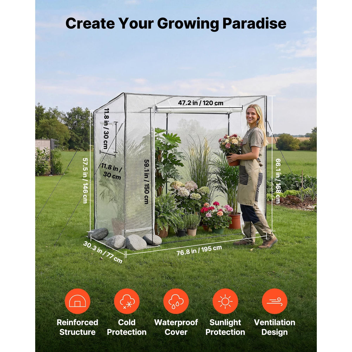 Walk-in Greenhouse, 76.8" x 30.3" x 66.1" Greenhouse for Outdoors with Windows, PE Cover, Roll-Up Zipper Door, Walk in Green House Kit, Portable Plant Garden Hot House for Backyard, Outside