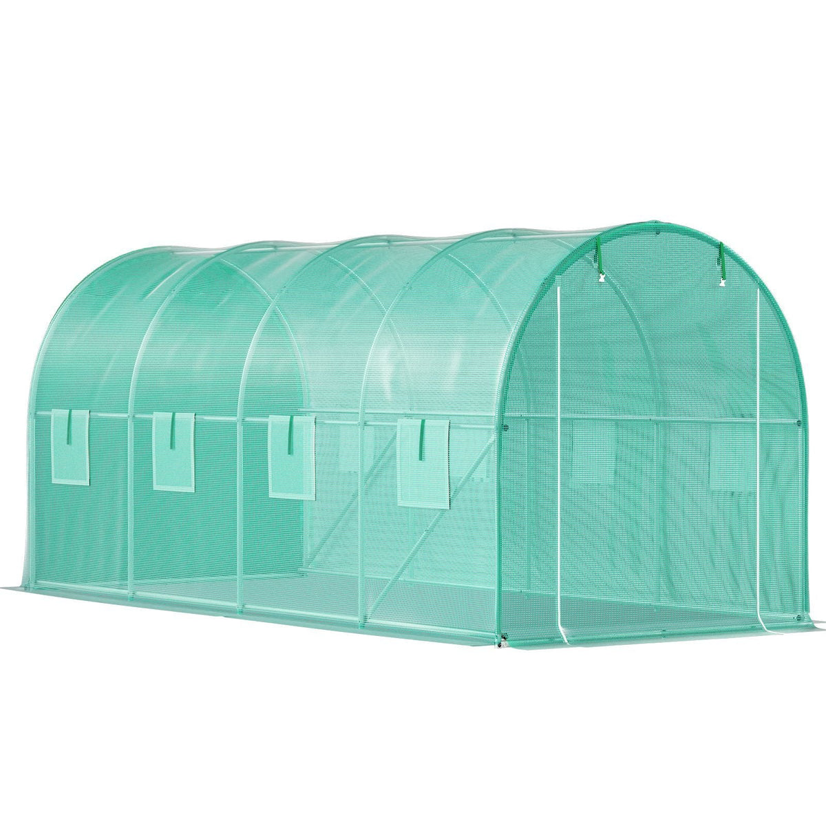 Walk-in Tunnel Greenhouse, 15 x 7 x 7 ft Portable Plant Hot House with Galvanized Steel Hoops, 1 Top Beam, Diagonal Poles, Zippered Door & 8 Roll-up Windows, Green