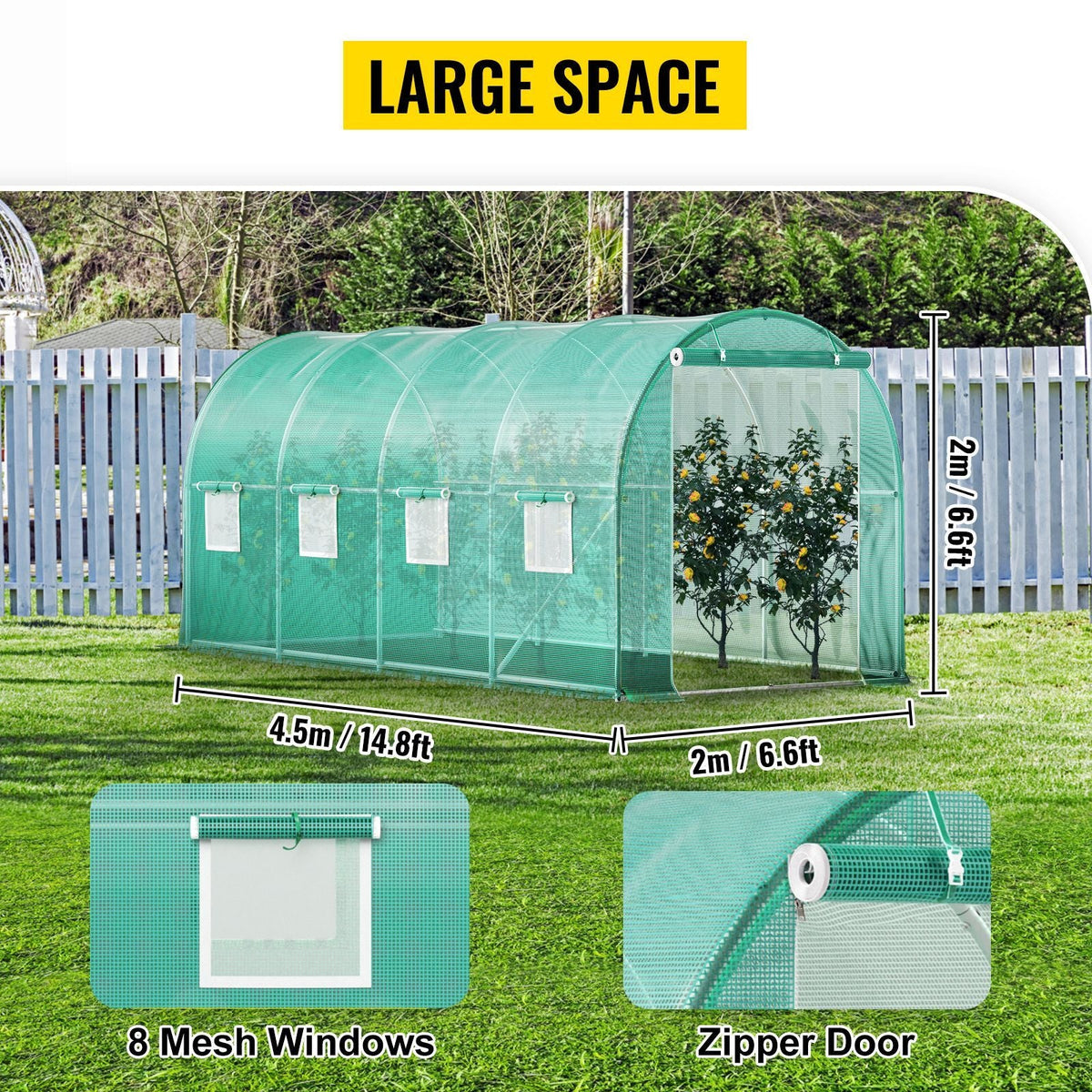 Walk-in Tunnel Greenhouse, 15 x 7 x 7 ft Portable Plant Hot House with Galvanized Steel Hoops, 1 Top Beam, Diagonal Poles, Zippered Door & 8 Roll-up Windows, Green