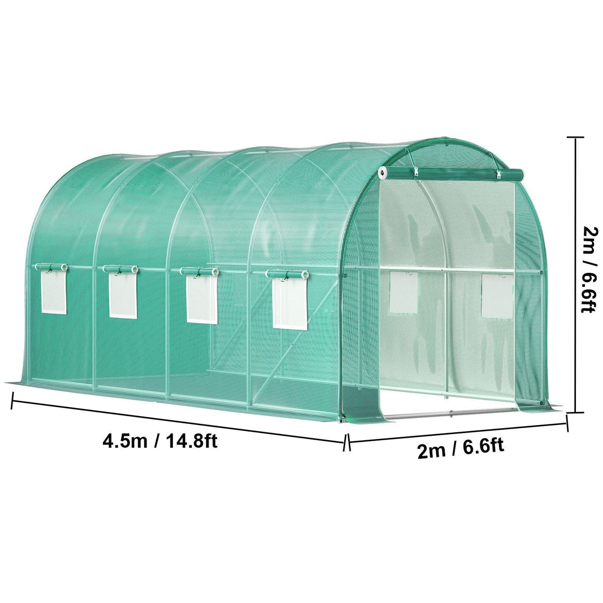 Walk-in Tunnel Greenhouse, 15 x 7 x 7 ft Portable Plant Hot House with Galvanized Steel Hoops, 1 Top Beam, Diagonal Poles, Zippered Door & 8 Roll-up Windows, Green