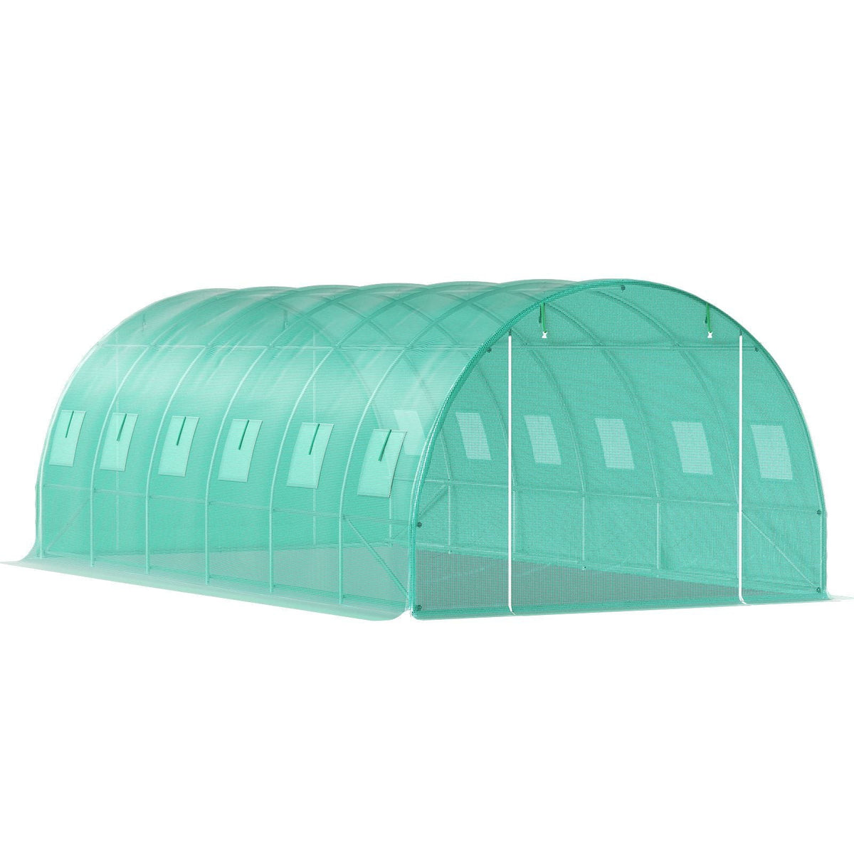 Walk-in Tunnel Greenhouse, 20 x 10 x 7 ft Portable Plant Hot House with Galvanized Steel Hoops, 3 Top Beams, Diagonal Poles, 2 Zippered Doors & 12 Roll-up Windows, Green