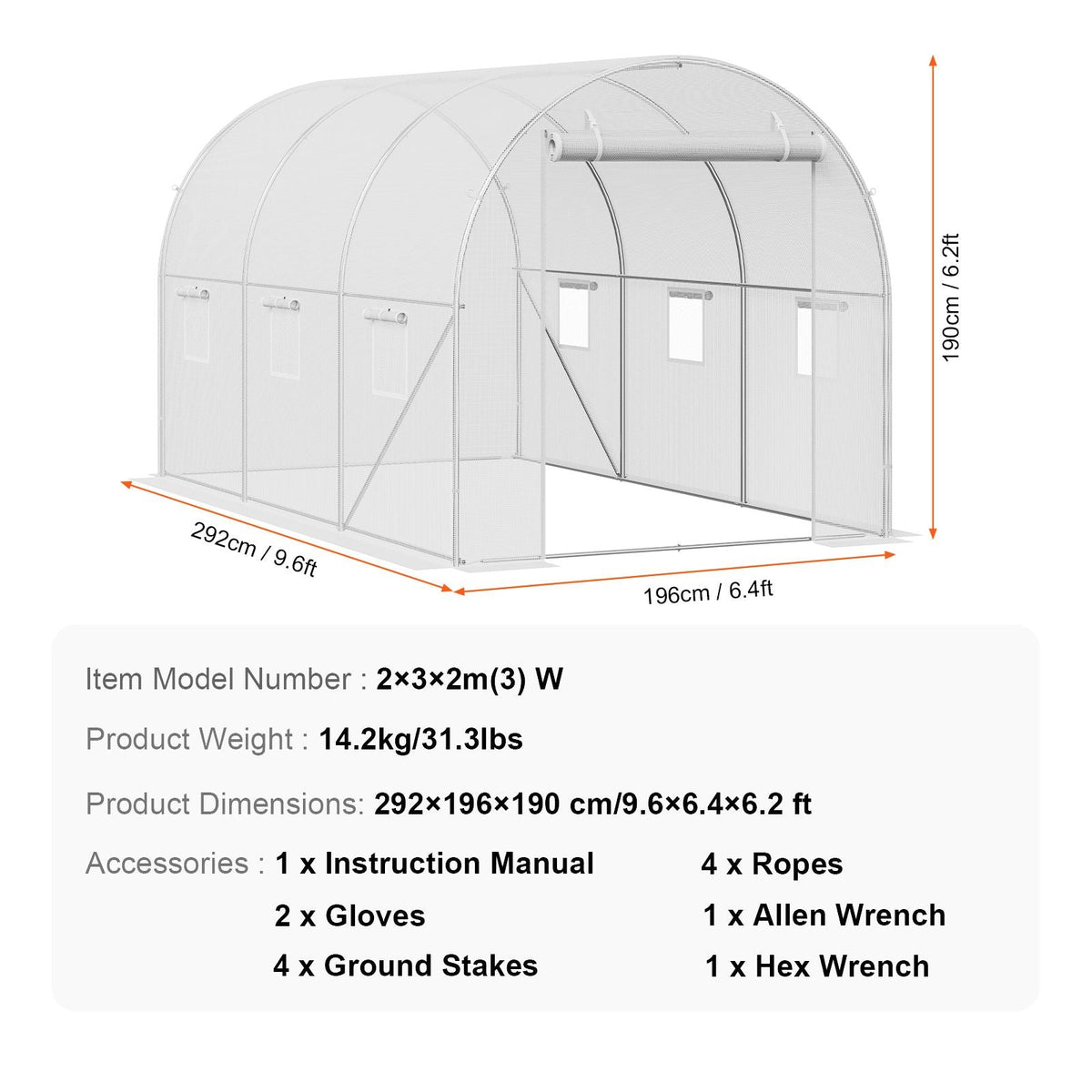 Walk-in Tunnel Greenhouse, 9.6x6.4x6.2 ft Hoop House Greenhouse Tunnel, Plant Hot House with Galvanized Steel Frame, White PE Cover, Roll-up Zipper Door and 6 Windows for Outdoor