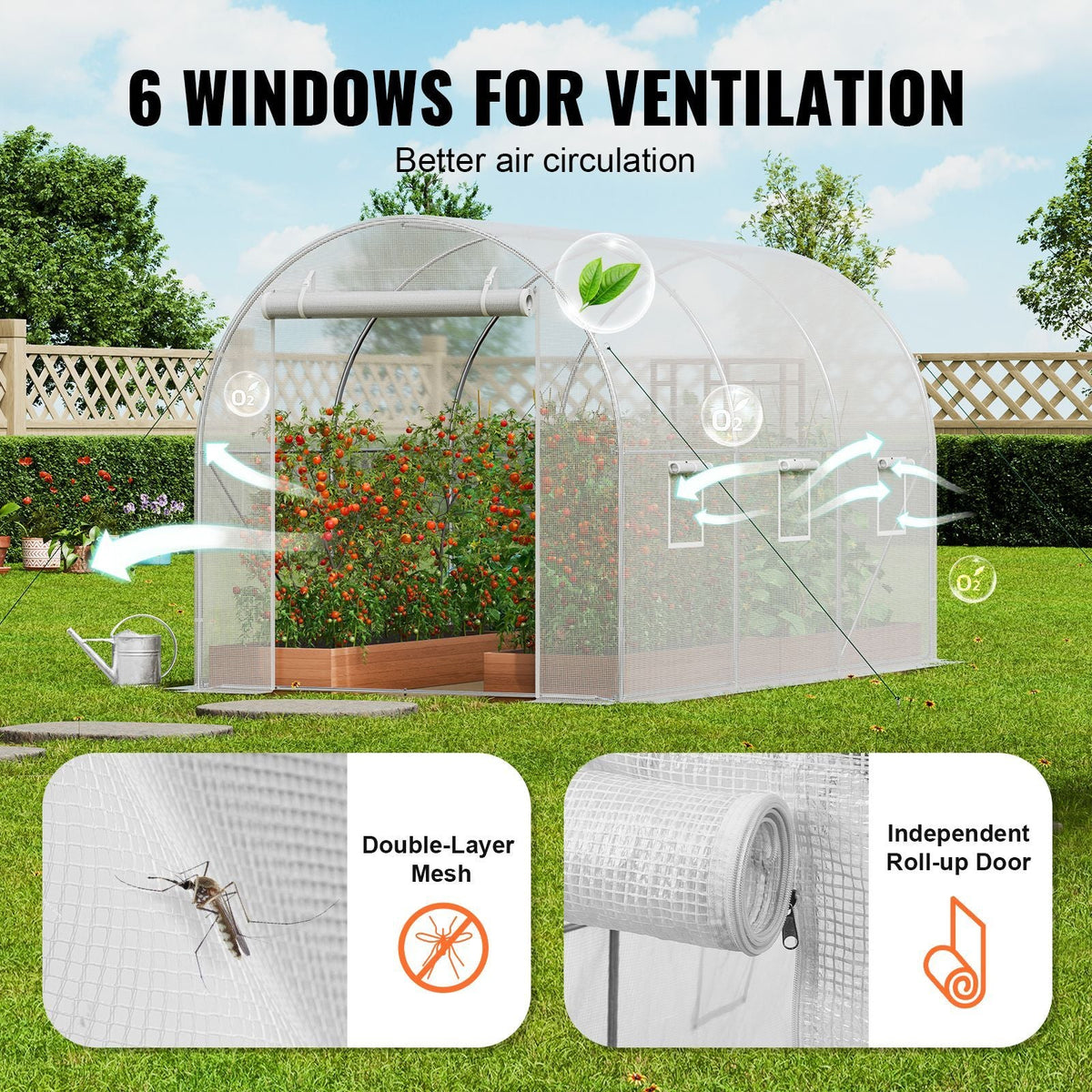 Walk-in Tunnel Greenhouse, 9.6x6.4x6.2 ft Hoop House Greenhouse Tunnel, Plant Hot House with Galvanized Steel Frame, White PE Cover, Roll-up Zipper Door and 6 Windows for Outdoor