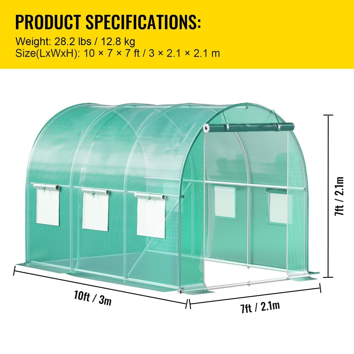 Walk-in Tunnel Greenhouse, 9.8 x 6.6 x 6.6 ft Portable Plant Hot House with Galvanized Steel Hoops, 1 Top Beam, Diagonal Poles, Zippered Door & 6 Roll-up Windows, Green