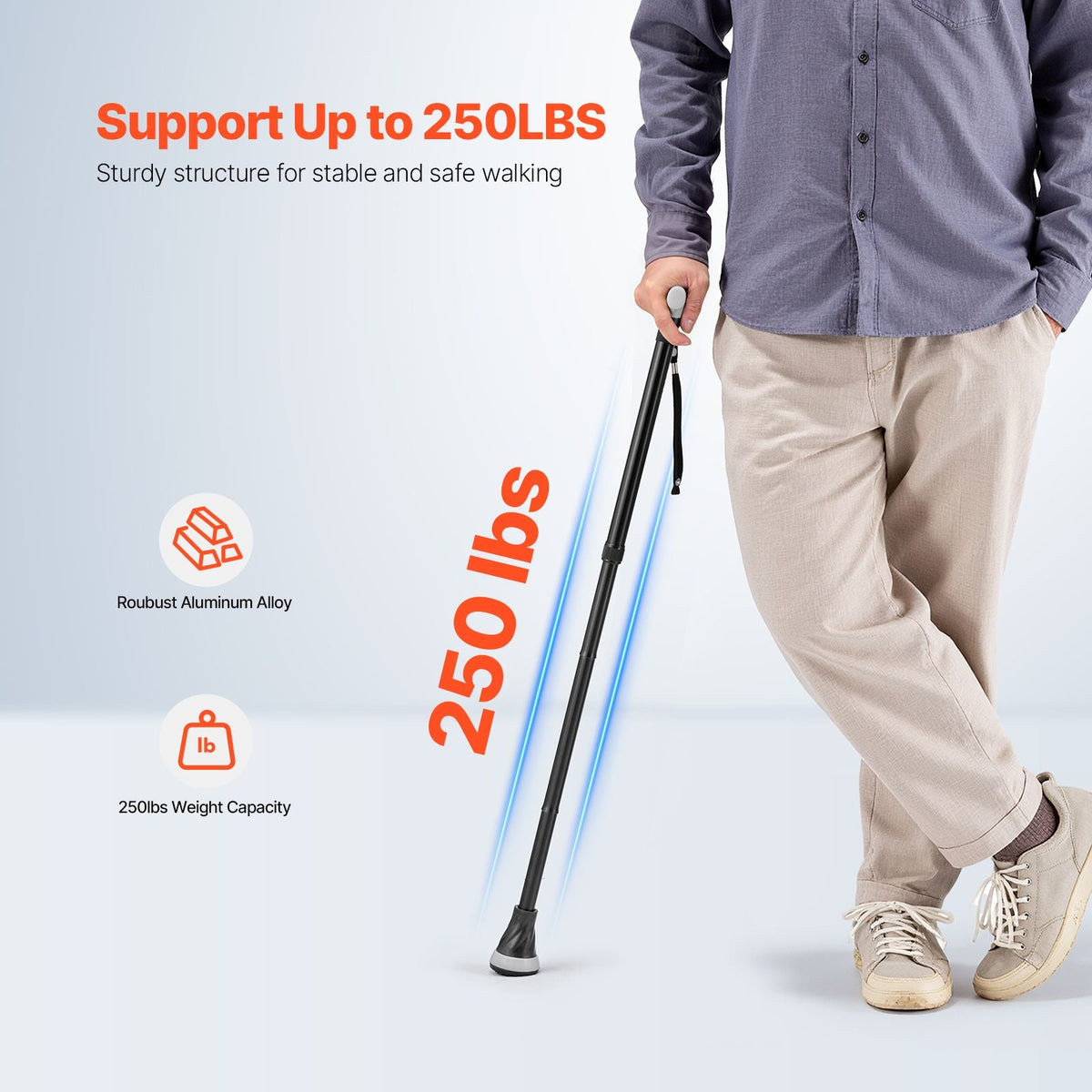 Walking Cane Folding Walking Stick with 8-Level Adjustable Height & Pivoting Tip