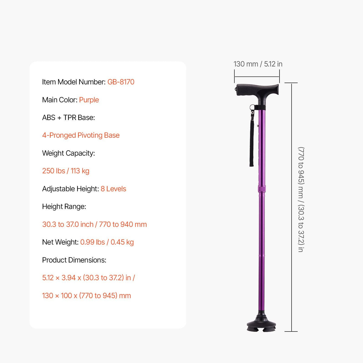 Walking Cane Folding Walking Stick with 8-Level Height & 4-Pronged Pivoting Base