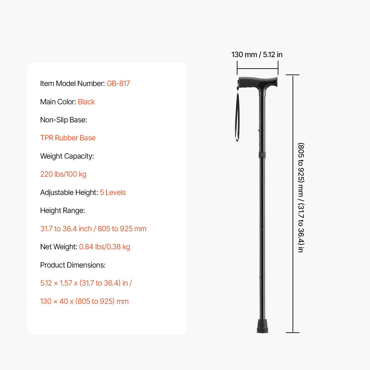 Walking Cane for Man Woman, Folding Walking Stick with 5-Level Adjustable Height & Anti-Slip Rubber Tip, Lightweight and Portable Aluminum Mobility Walking Aid for Seniors Adults, 220LBS Loading