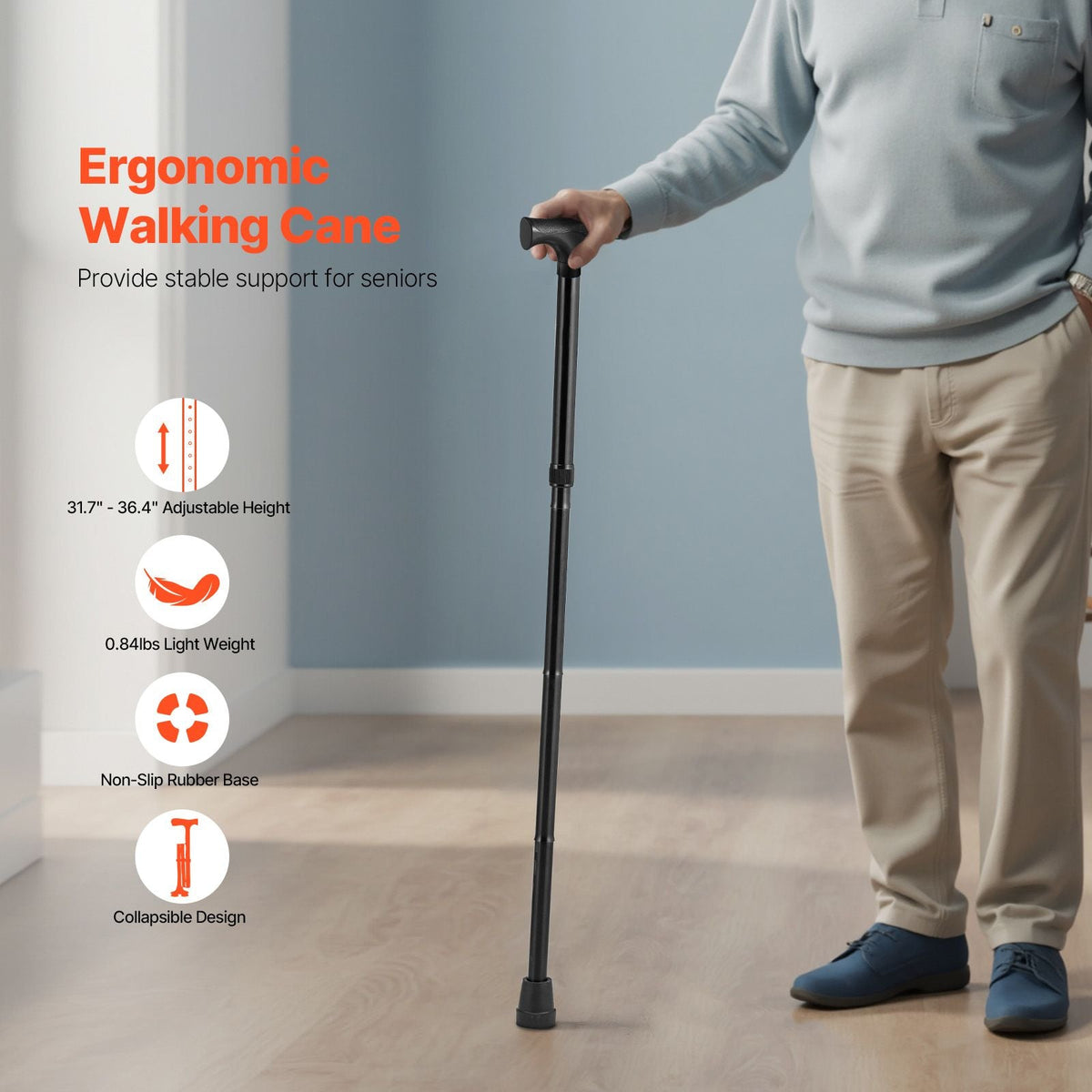 Walking Cane for Man Woman, Folding Walking Stick with 5-Level Adjustable Height & Anti-Slip Rubber Tip, Lightweight and Portable Aluminum Mobility Walking Aid for Seniors Adults, 220LBS Loading