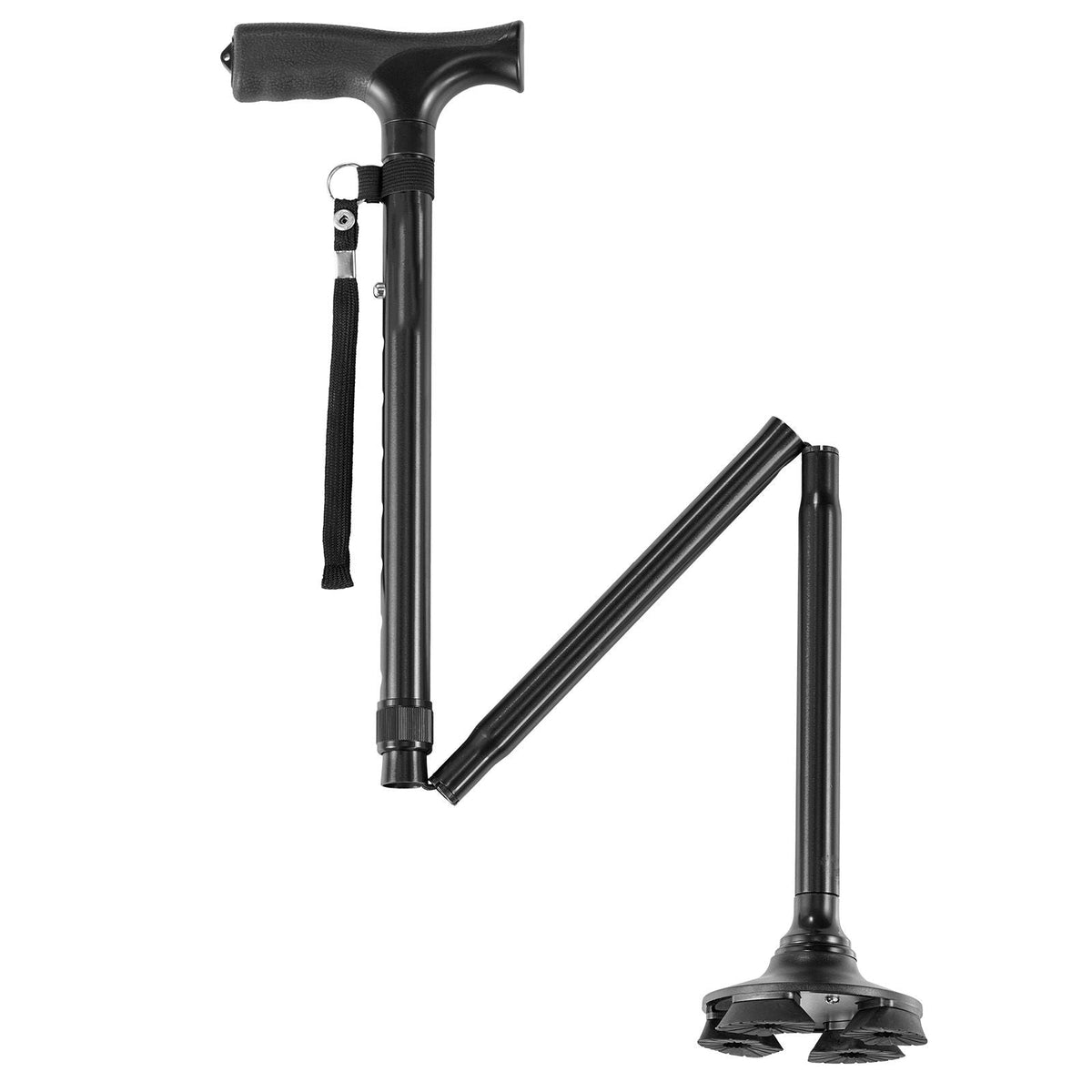 Walking Cane for Man Woman, Folding Walking Stick with 8-Level Adjustable Height, 4-Pronged Pivoting Base, Lightweight & Portable Aluminum Mobility Aid for Seniors Adults, 250LBS Loading (Black)