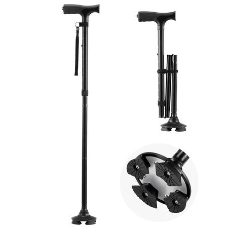 Walking Cane for Man Woman, Folding Walking Stick with 8-Level Adjustable Height, 4-Pronged Pivoting Base, Lightweight & Portable Aluminum Mobility Aid for Seniors Adults, 250LBS Loading (Black)