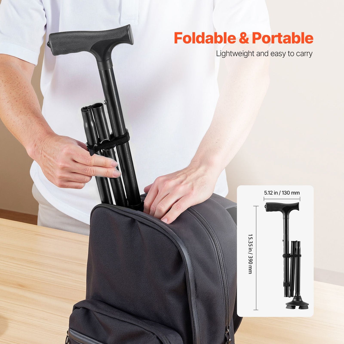 Walking Cane for Man Woman, Folding Walking Stick with 8-Level Adjustable Height, 4-Pronged Pivoting Base, Lightweight & Portable Aluminum Mobility Aid for Seniors Adults, 250LBS Loading (Black)