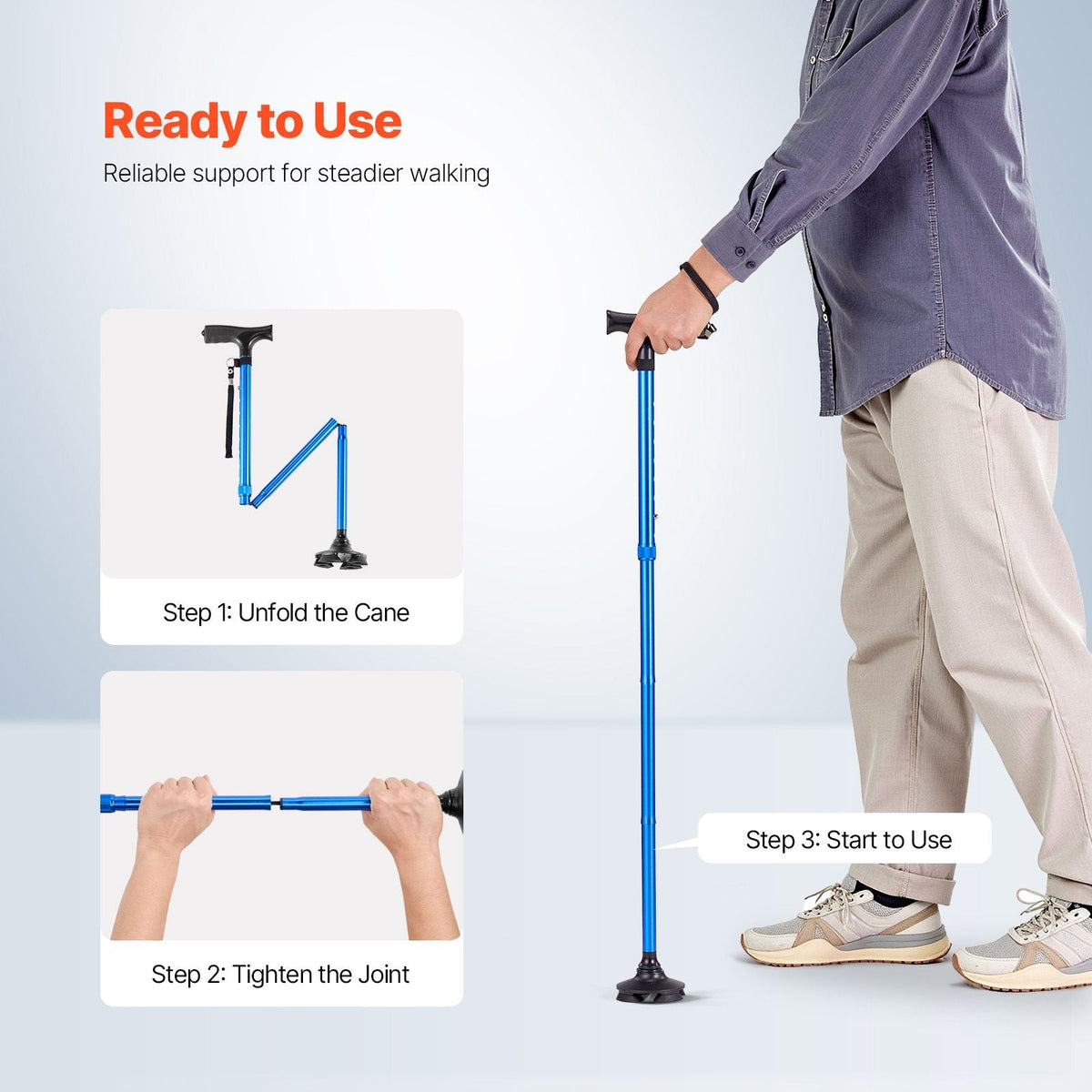 Walking Cane for Man Woman, Folding Walking Stick with 8-Level Adjustable Height and 4-Pronged Pivoting Base, Lightweight & Portable Aluminum Mobility Aid for Senior Adult, 250LBS Loading (Blue)