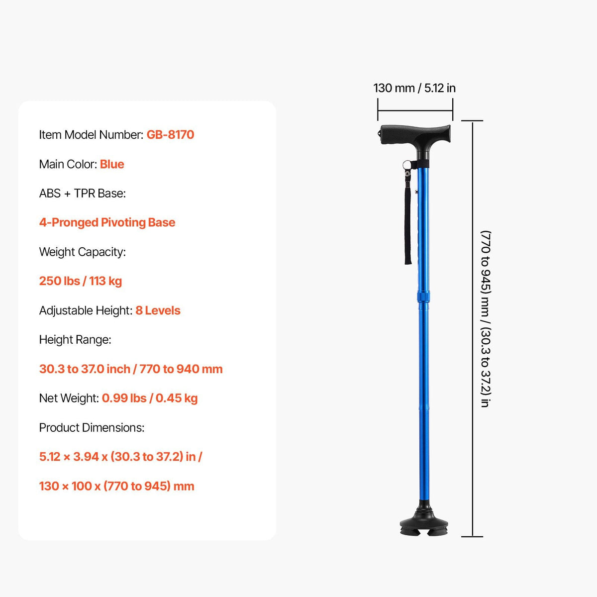 Walking Cane for Man Woman, Folding Walking Stick with 8-Level Adjustable Height and 4-Pronged Pivoting Base, Lightweight & Portable Aluminum Mobility Aid for Senior Adult, 250LBS Loading (Blue)