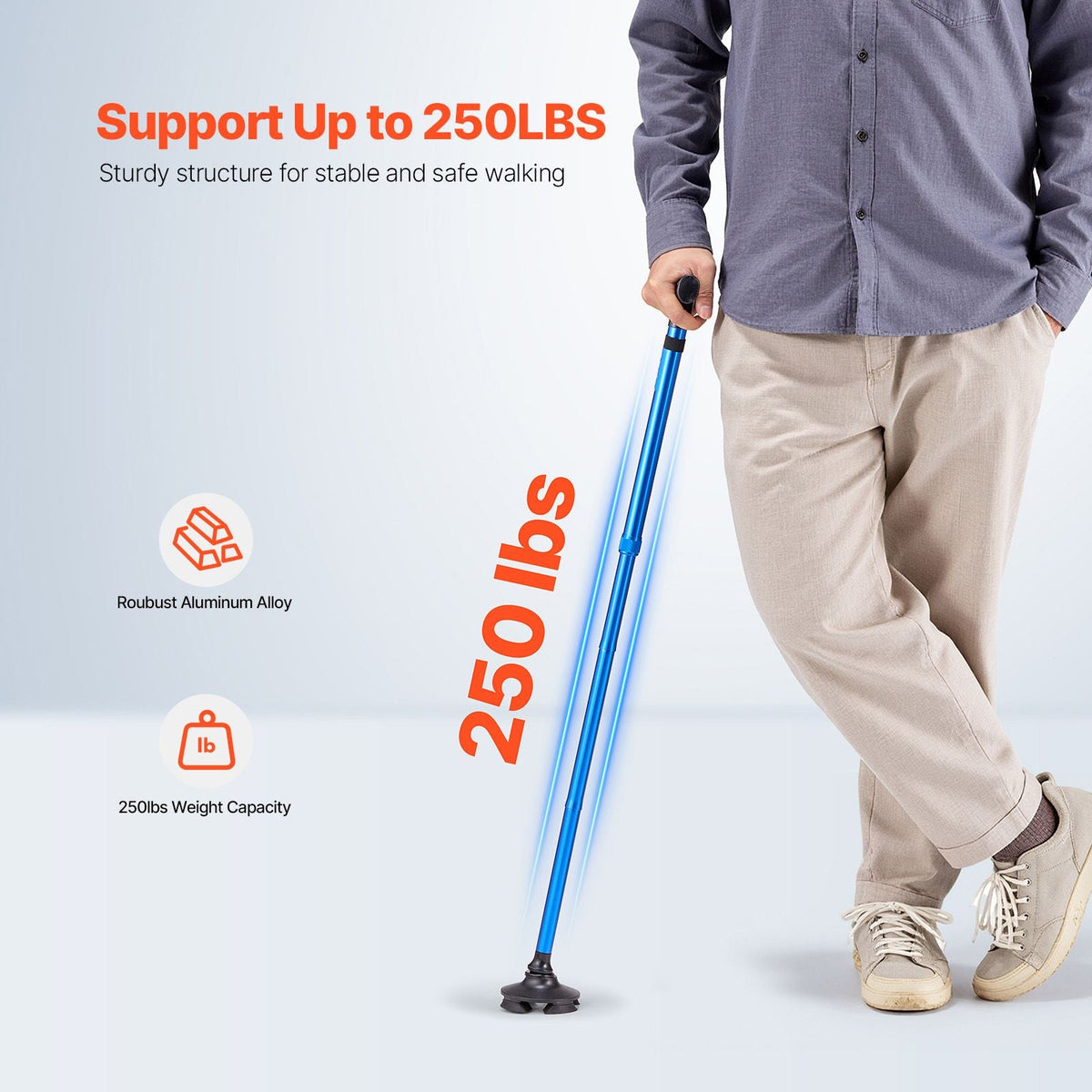 Walking Cane for Man Woman, Folding Walking Stick with 8-Level Adjustable Height and 4-Pronged Pivoting Base, Lightweight & Portable Aluminum Mobility Aid for Senior Adult, 250LBS Loading (Blue)
