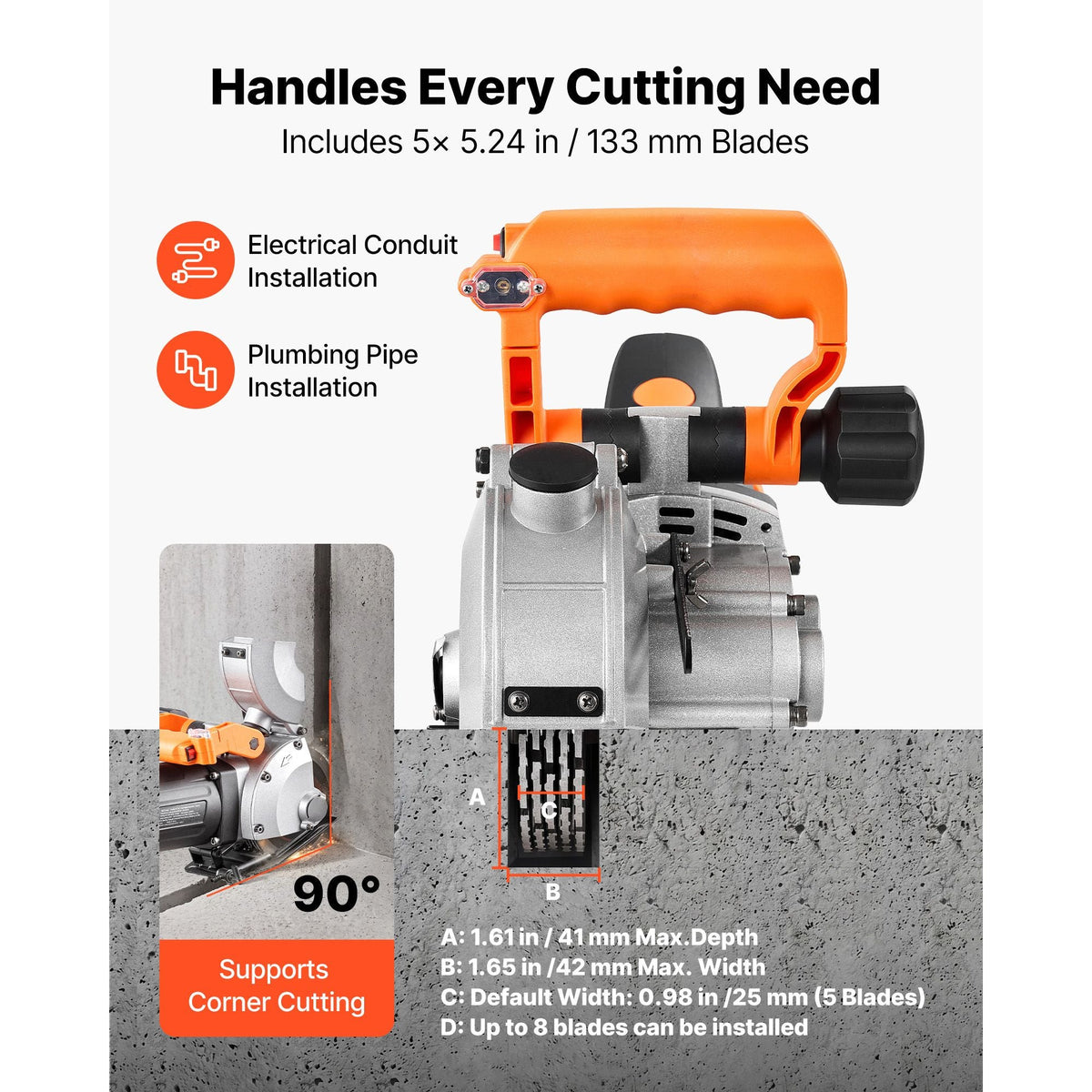 Wall Chaser, 4800W Electric Wall Groove Cutting Machine, 6800 RPM Max Speed, Concrete Slotting Cutter with Guide Line, 5 pcs Blades, Adjustable Handle for Cutting Grooves in Brick, Concrete
