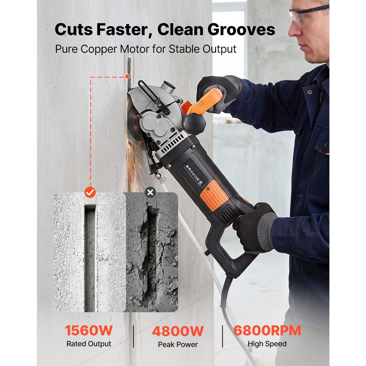 Wall Chaser, 4800W Electric Wall Groove Cutting Machine, 6800 RPM Max Speed, Concrete Slotting Cutter with Guide Line, 5 pcs Blades, Adjustable Handle for Cutting Grooves in Brick, Concrete