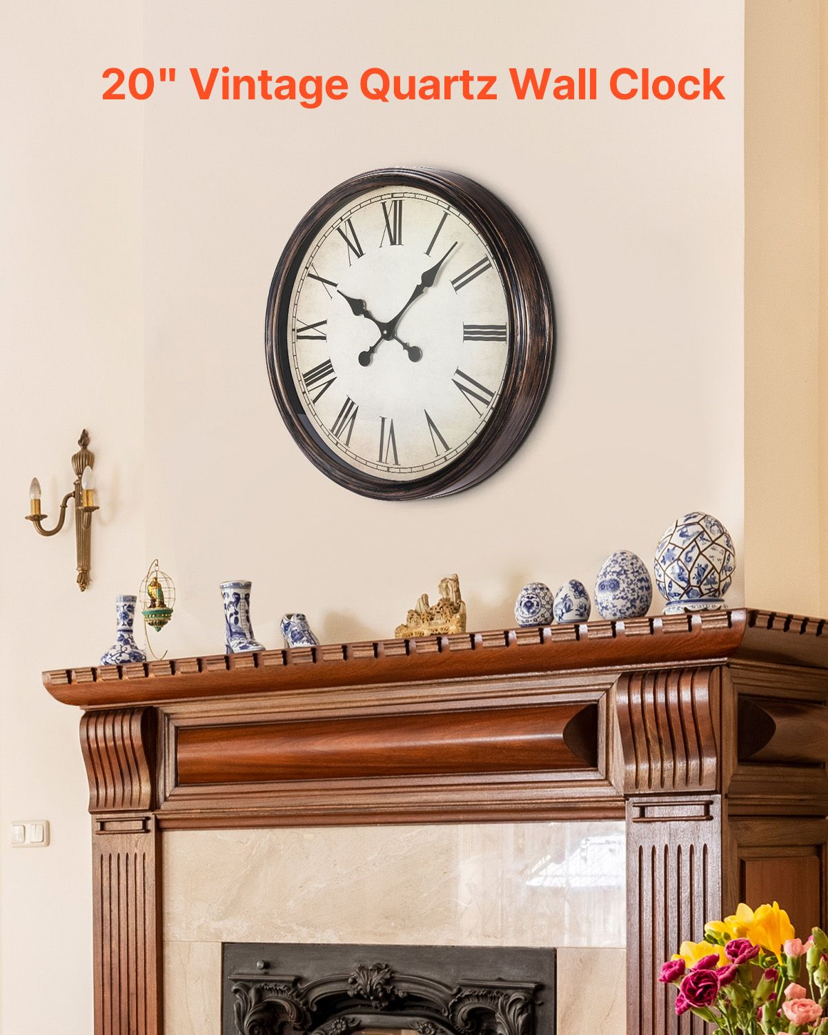 Wall Clock, 20 in Wall Clock Roman Numerals, Battery Operated Non Ticking Silent Classic Decorative Round Clocks, for Living Room Bedroom Office Kitchen Dining Room Home Decor Farmhouse, Brown