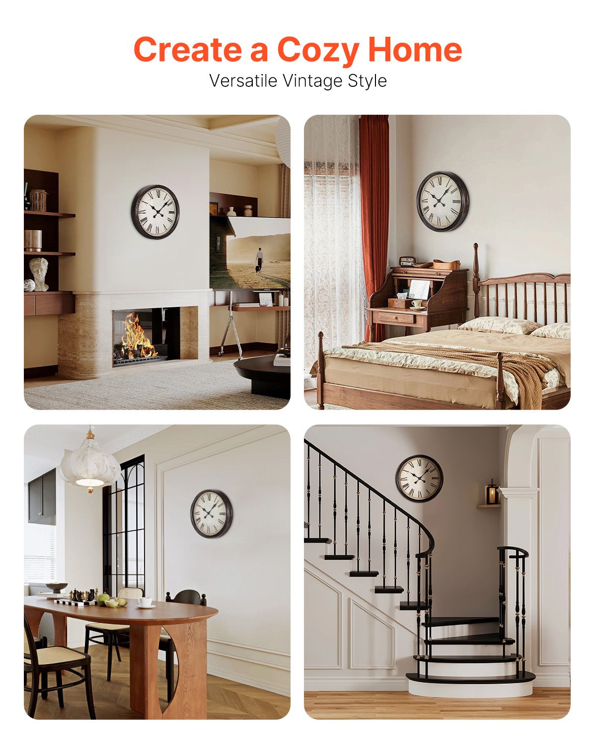 Wall Clock, 20 in Wall Clock Roman Numerals, Battery Operated Non Ticking Silent Classic Decorative Round Clocks, for Living Room Bedroom Office Kitchen Dining Room Home Decor Farmhouse, Brown