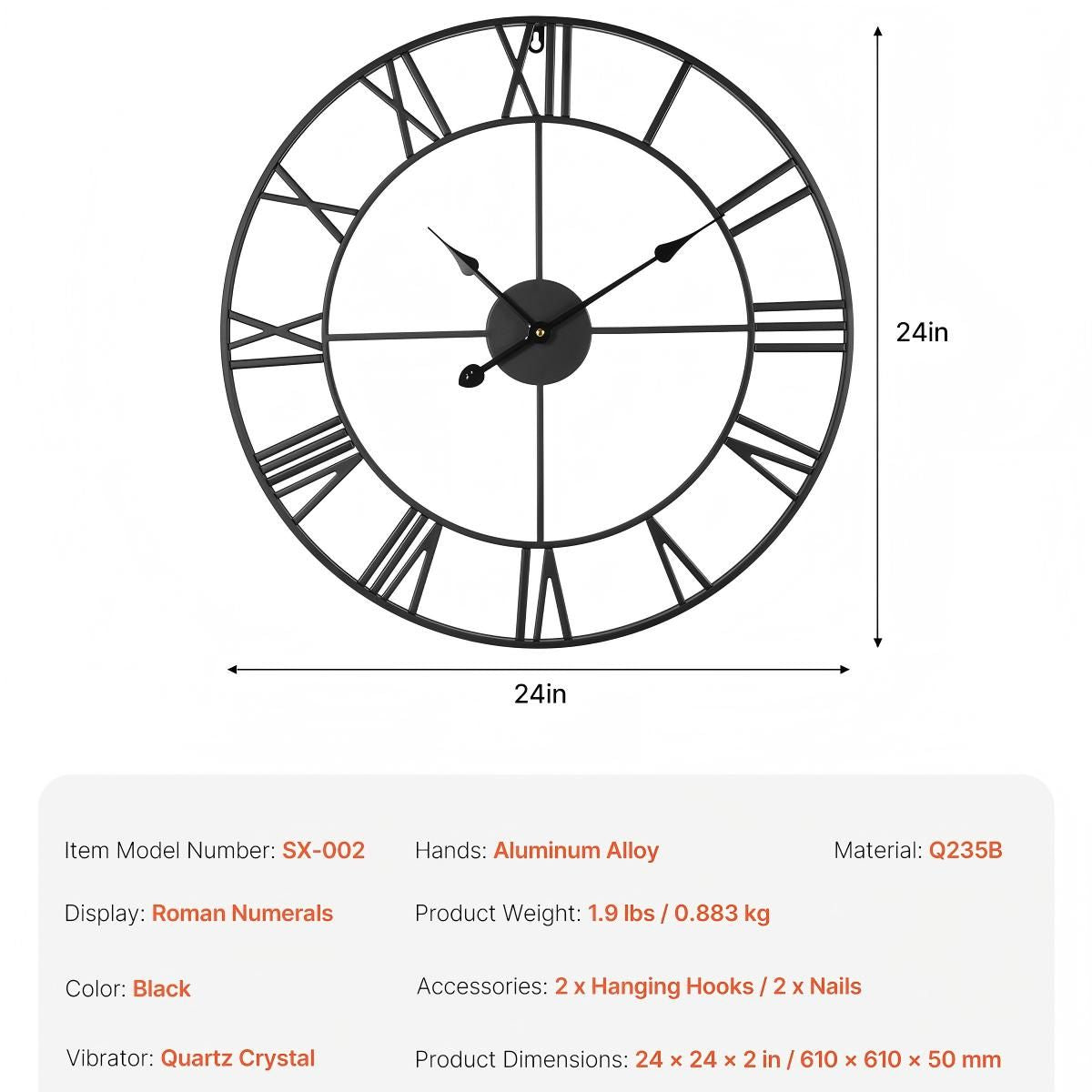 Wall Clock, 24 in Wall Clock Roman Numerals, Battery Operated Non Ticking Silent Classic Decorative Round Clocks, for Living Room Bedroom Office Kitchen Dining Room Home Decor Farmhouse, Black