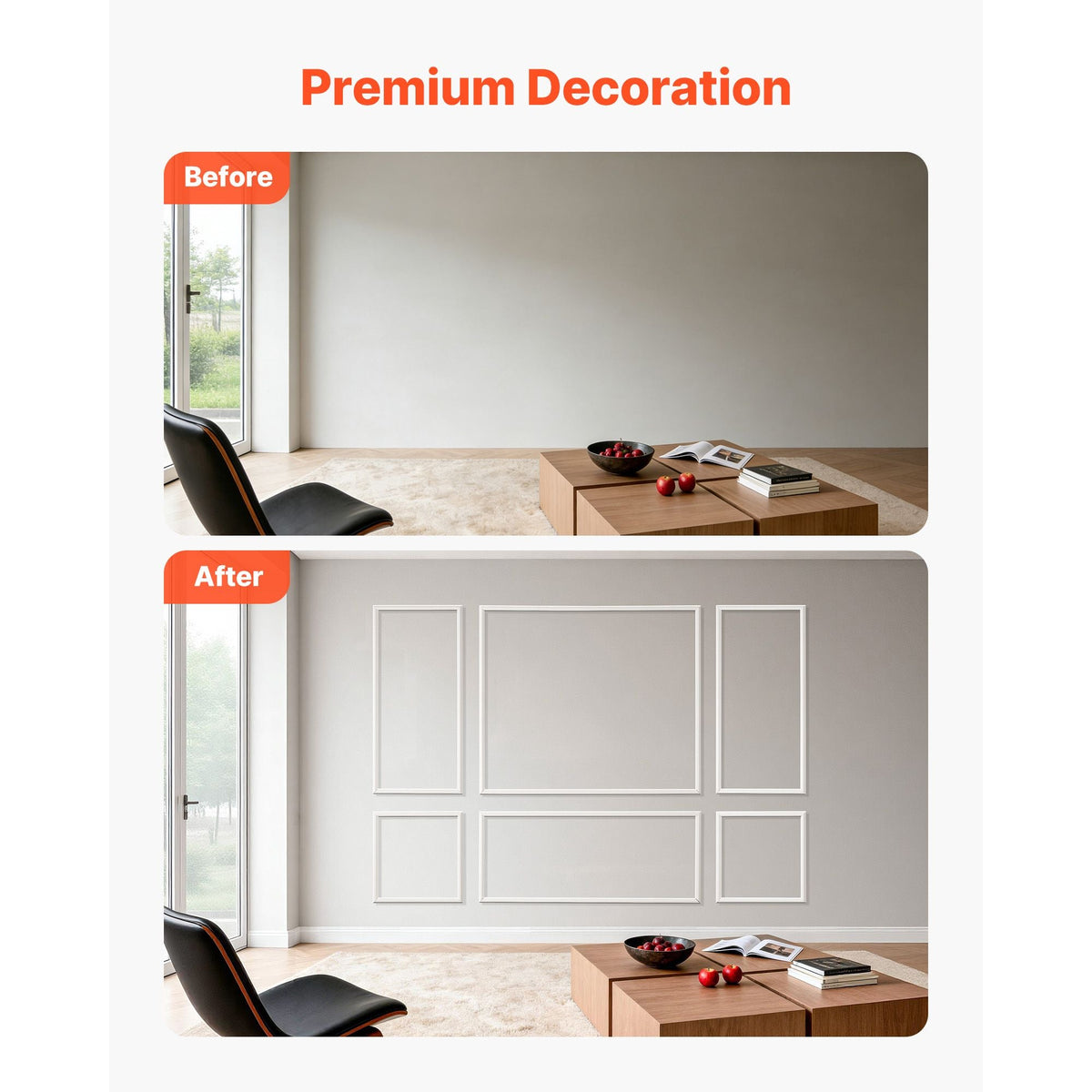 Wall Molding 3 Pack, Wainscoting Panels Kit, Lightweight Paintable Polystyrene, Easy to Install Accent Wall Trim for Interior Décor Living Room, Bedroom, Home, White (23x56.3 + 23x23 in)