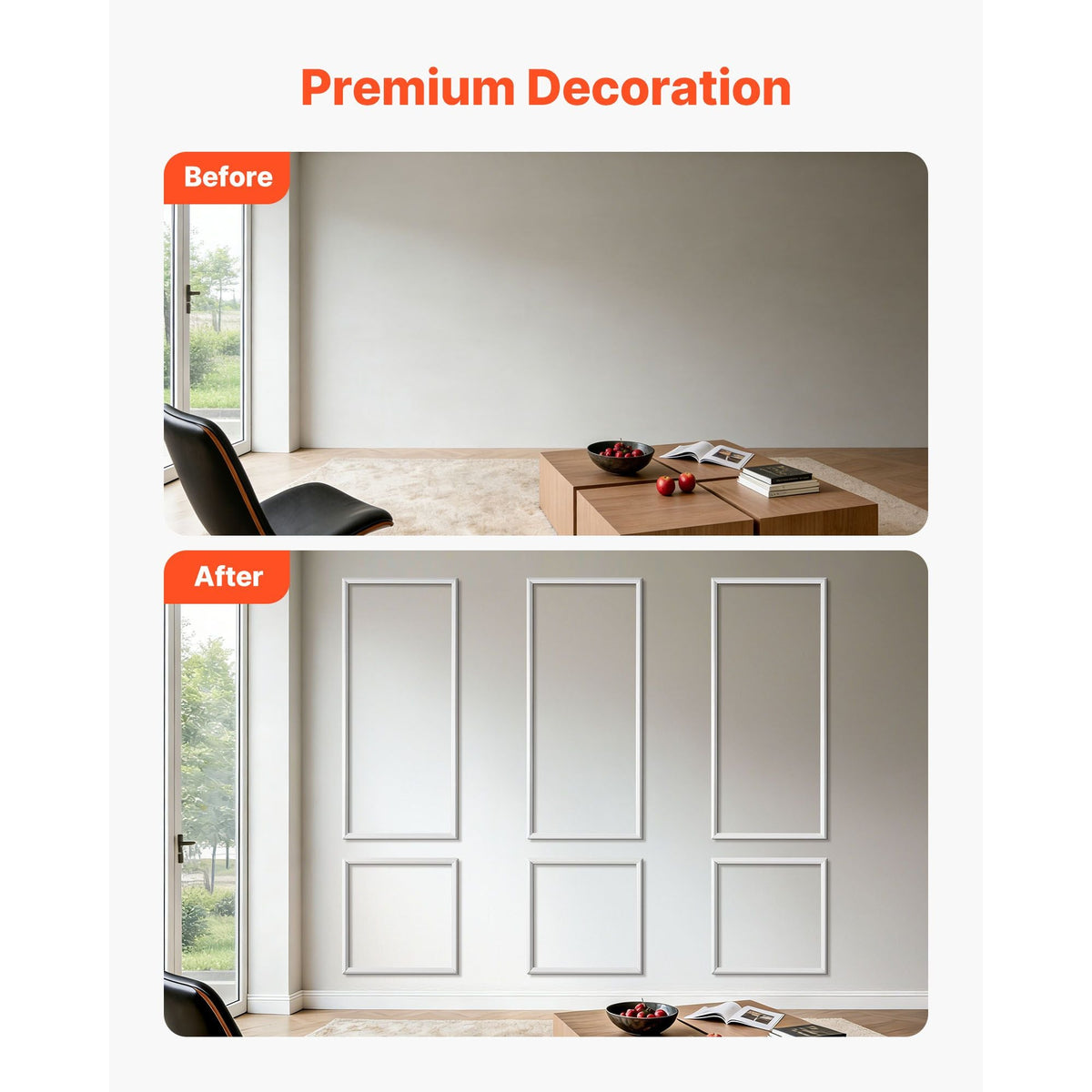 Wall Molding 3 Pack, Wainscoting Panels Kit, Lightweight Paintable Polystyrene, Easy to Install, Waterproof Accent Wide Profile Trim for Interior Living Room, Bedroom,White (24x54 + 24x24 in)