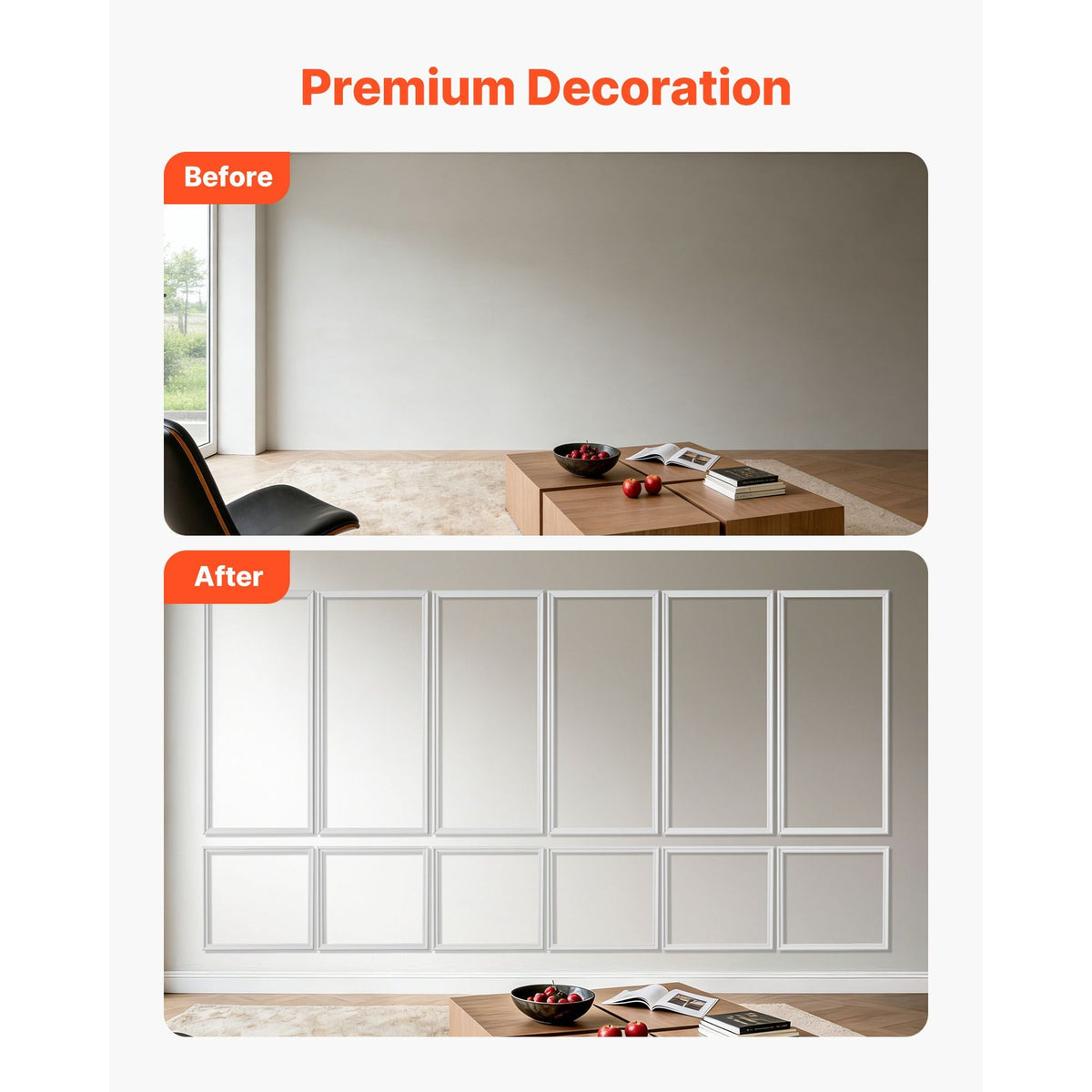 Wall Molding 6 Pack, Wainscoting Panels Kit, Lightweight Paintable Polystyrene, Easy to Install, Waterproof Accent Wall Trim for Interior Décor Living Room, Bedroom, White (24x54 + 24x24 in)