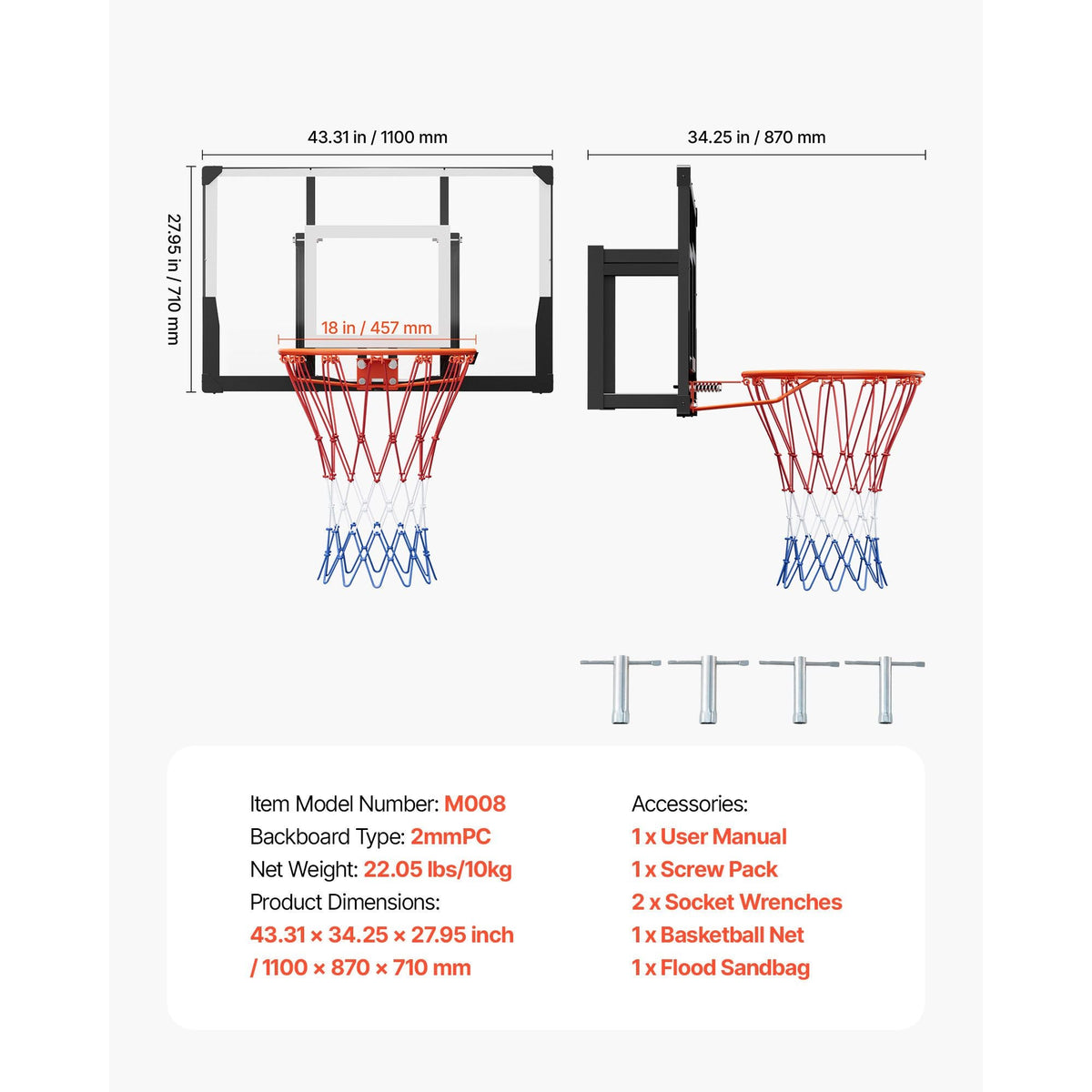Wall Mount Basketball Hoop, 44-inch PC Backboard Mounted Basketball Hoop Outdoor with Solid Steel, 0.08 inch Thickened Backboard, Thickened Woven Nylon Basketballs Net, Indoor & Outdoor Use