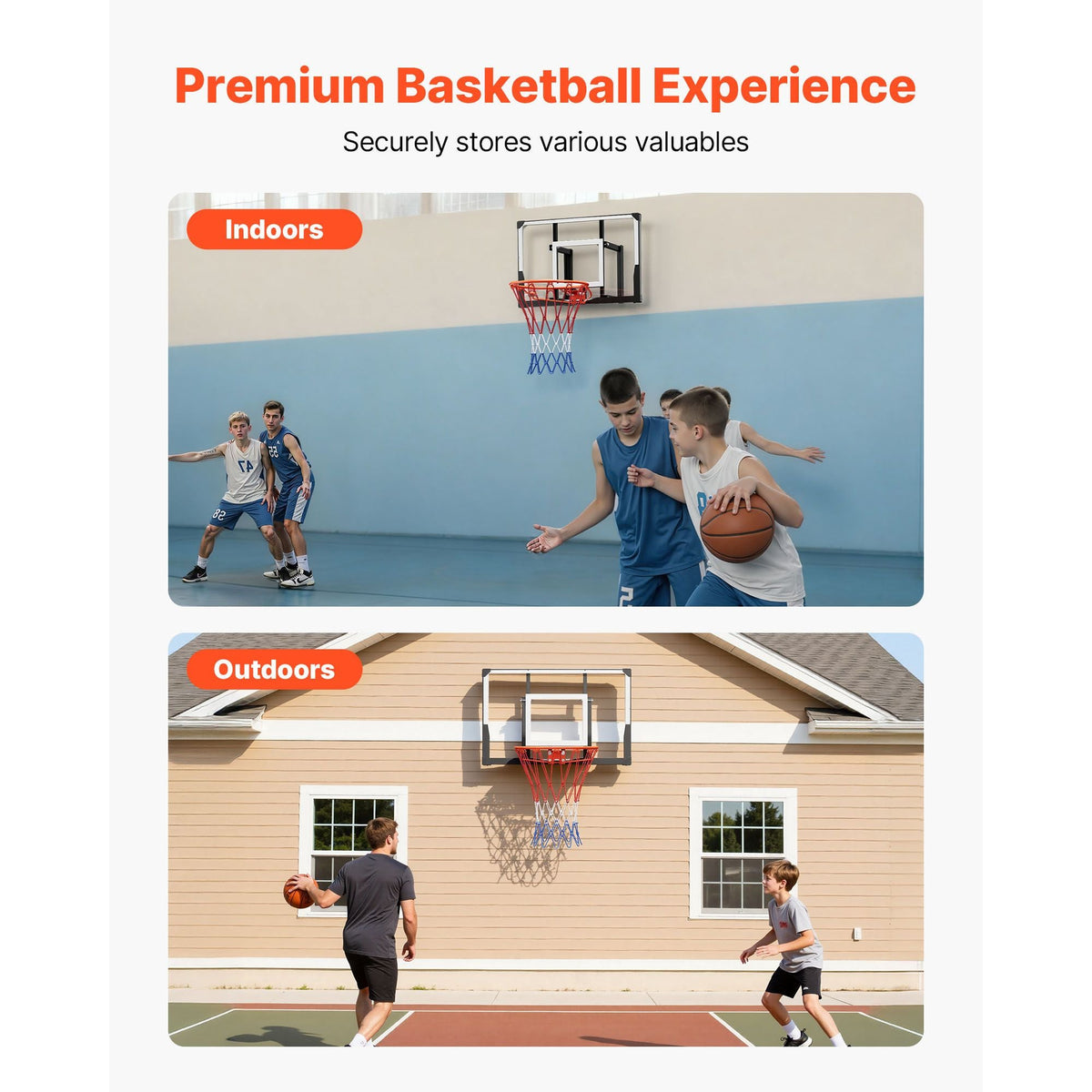 Wall Mount Basketball Hoop, 44-inch PC Backboard Mounted Basketball Hoop Outdoor with Solid Steel, 0.08 inch Thickened Backboard, Thickened Woven Nylon Basketballs Net, Indoor & Outdoor Use