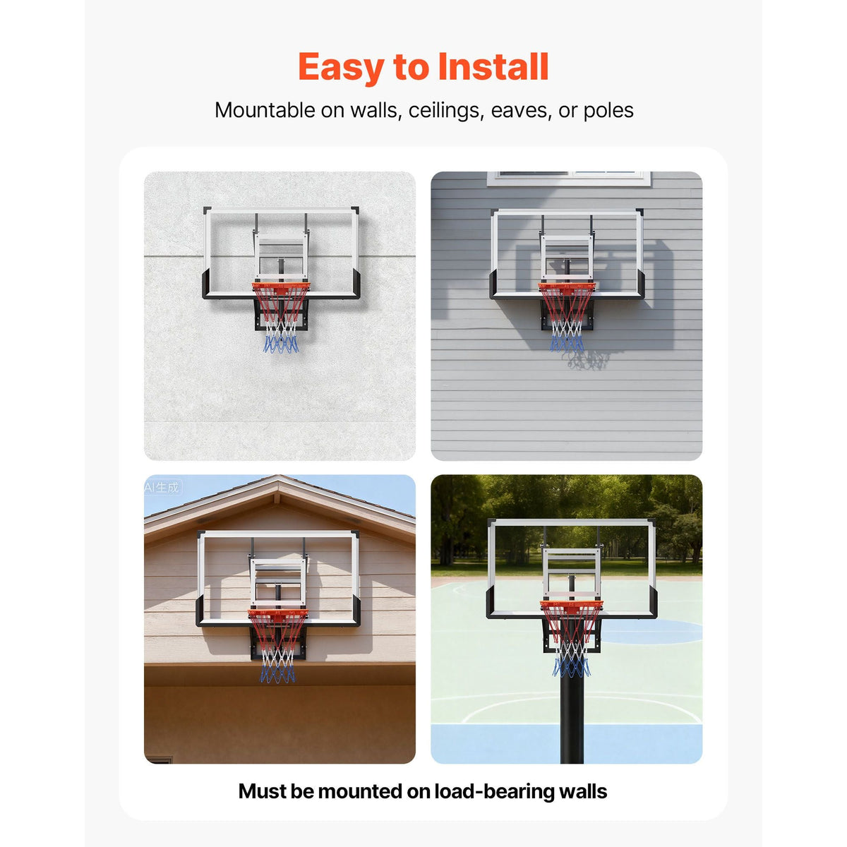 Wall Mount Basketball Hoop, 54-inch PC Backboard Mounted Basketball Hoop Outdoor with Hand-Crank Adjustment, 0.11 inch Thickened Backboard, Classic Basketballs Hoops Design, Indoor & Outdoor Use