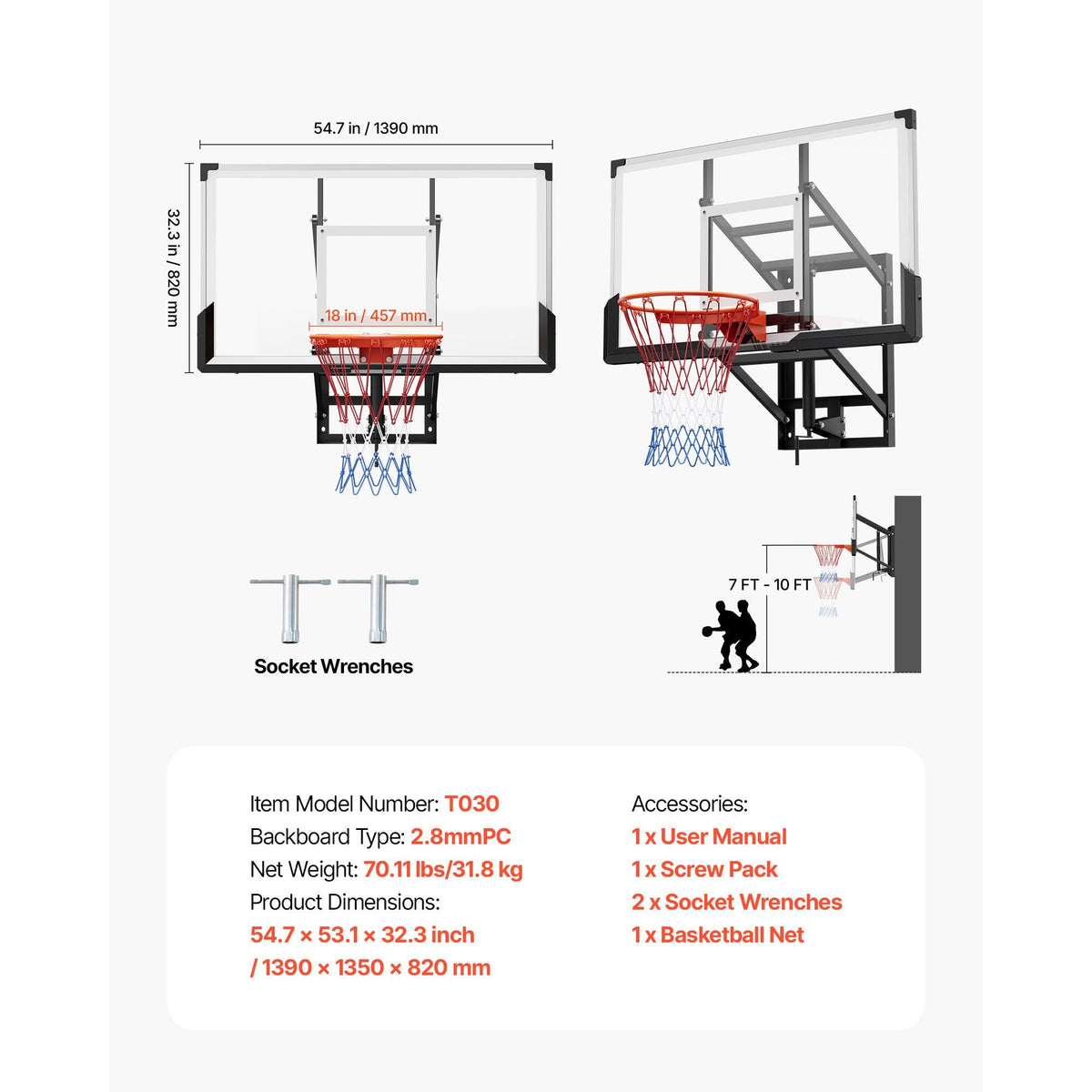 Wall Mount Basketball Hoop, 54-inch PC Backboard Mounted Basketball Hoop Outdoor with Hand-Crank Adjustment, 0.11 inch Thickened Backboard, Classic Basketballs Hoops Design, Indoor & Outdoor Use