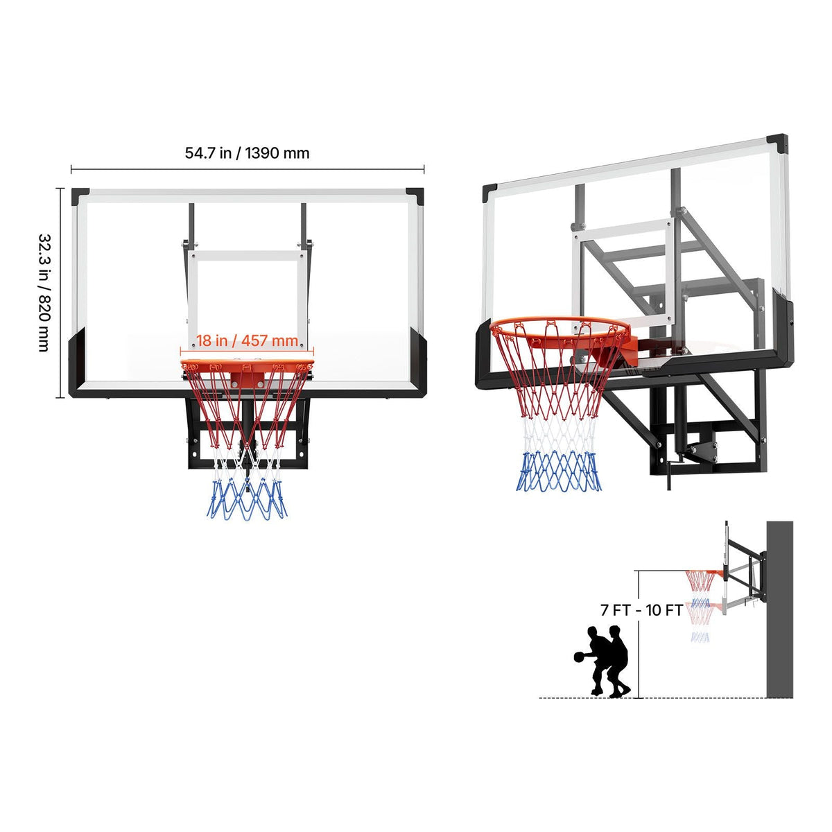 Wall Mount Basketball Hoop, 54-inch PC Backboard Mounted Basketball Hoop Outdoor with Hand-Crank Adjustment, 0.11 inch Thickened Backboard, Classic Basketballs Hoops Design, Indoor & Outdoor Use