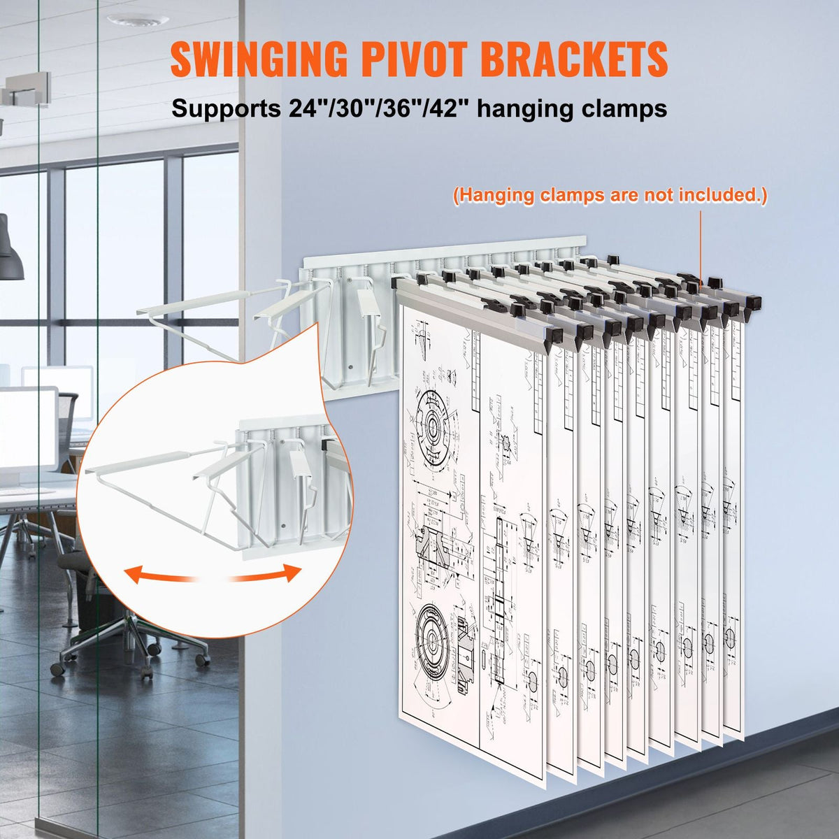 Wall Mount Blueprint Storage Rack – Holds up to 1200 Blueprints, Hanging Blueprint Holder with 12 Pivot Brackets, for 24", 30", 36", or 42" Clamps(Rack Only Without Clamps)- Heavy Duty(240lbs)