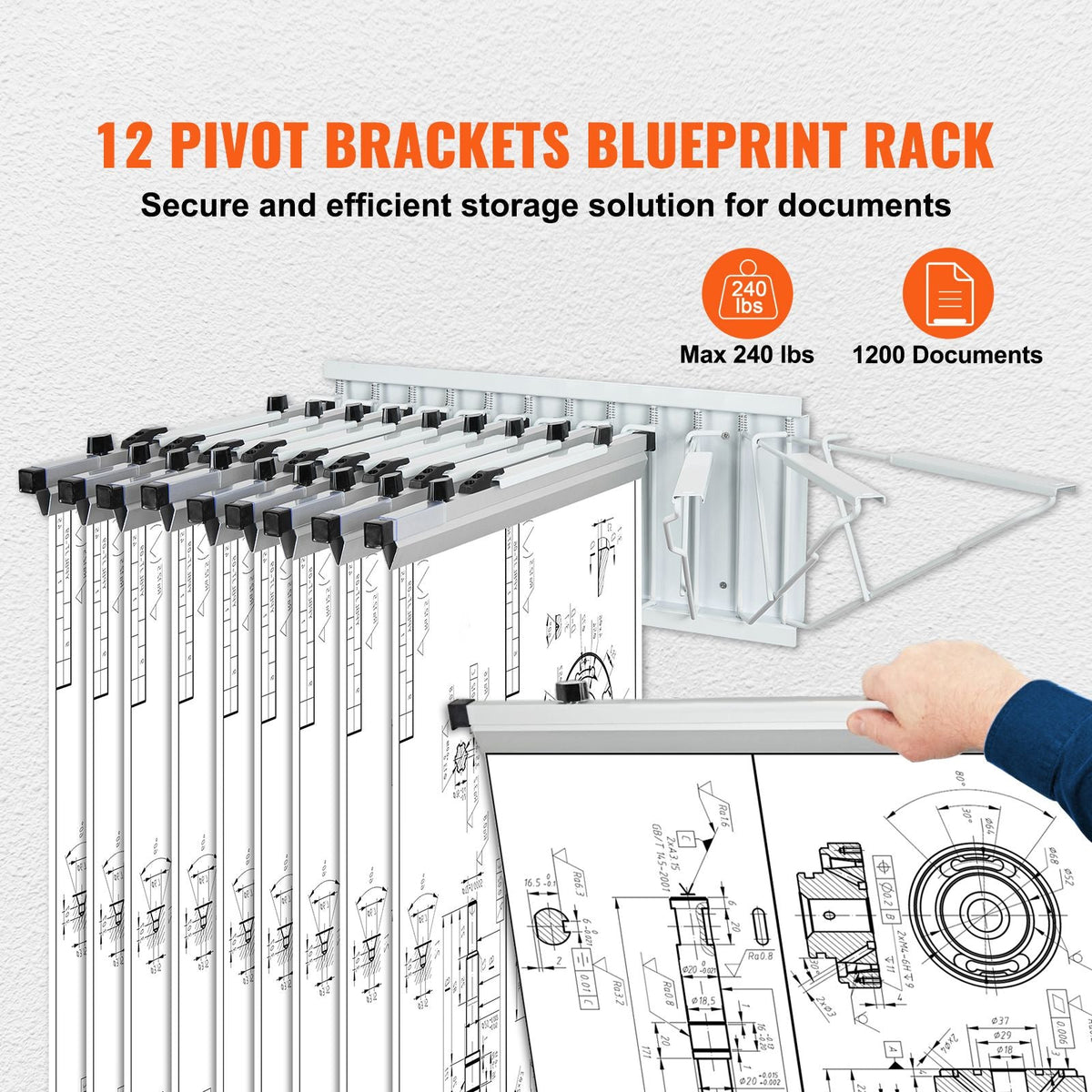 Wall Mount Blueprint Storage Rack – Holds up to 1200 Blueprints, Hanging Blueprint Holder with 12 Pivot Brackets, for 24", 30", 36", or 42" Clamps(Rack Only Without Clamps)- Heavy Duty(240lbs)