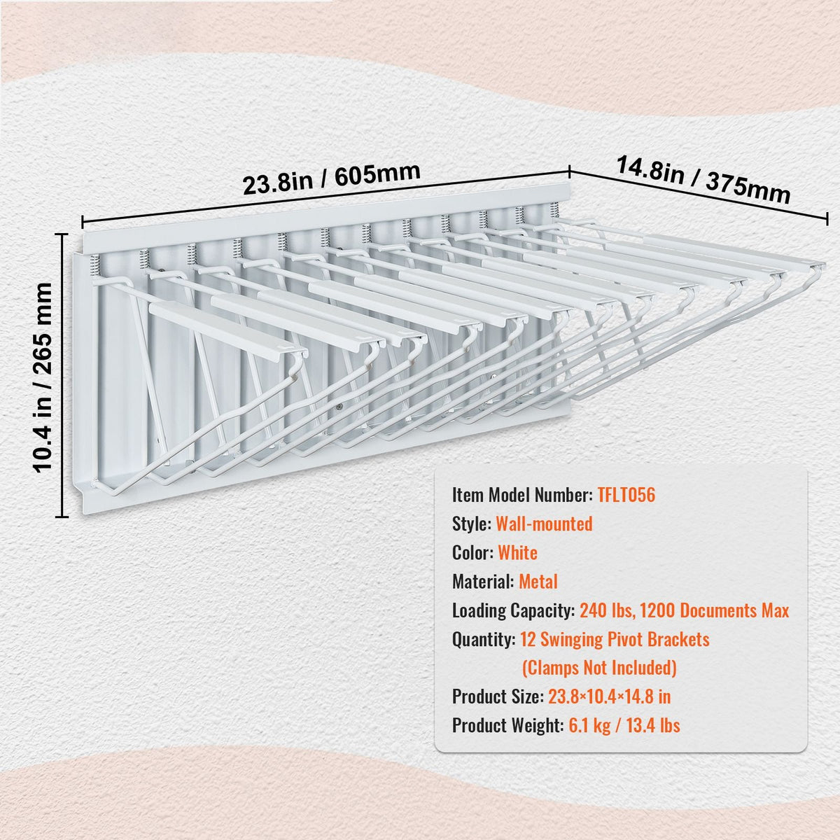 Wall Mount Blueprint Storage Rack – Holds up to 1200 Blueprints, Hanging Blueprint Holder with 12 Pivot Brackets, for 24", 30", 36", or 42" Clamps(Rack Only Without Clamps)- Heavy Duty(240lbs)