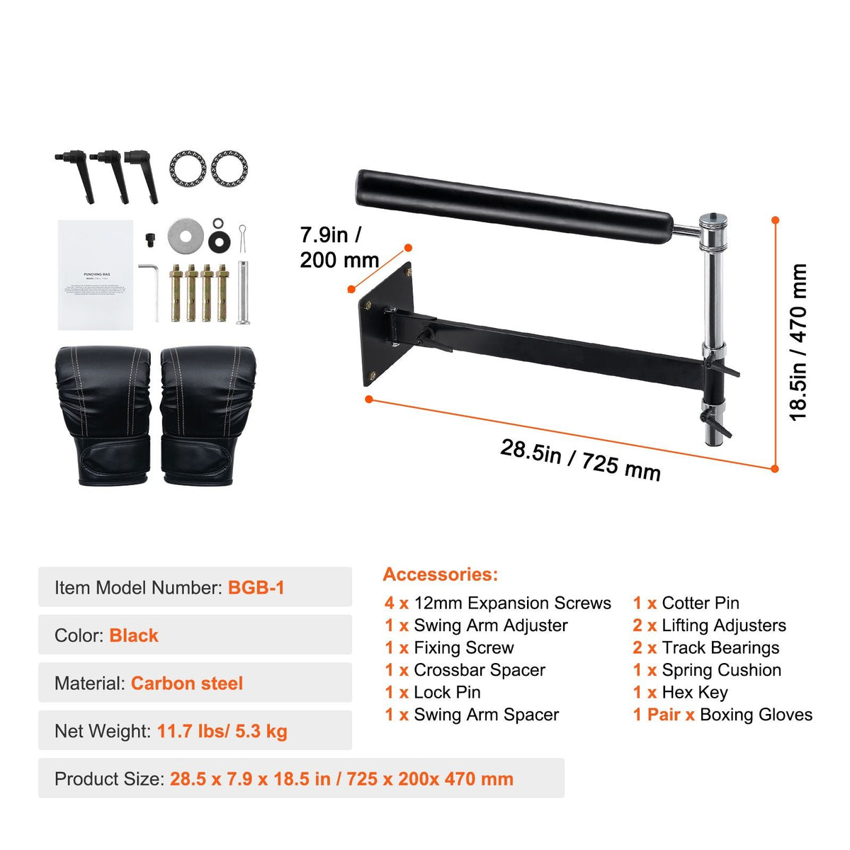 Wall Mount Boxing Spinning Bar, Adjustable Punching Spinning Bar, Boxing Speed Trainer with Gloves, Black Reflex Boxing Bar, Boxing Training Equipment for Kickboxing, MMA, Stress Relief, Fitness