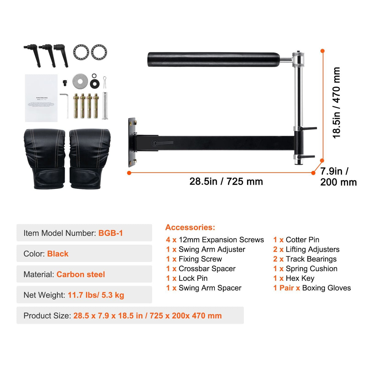 Wall Mount Boxing Spinning Bar, Adjustable Punching Spinning Bar, Boxing Speed Trainer with Gloves, Black Reflex Boxing Bar, Boxing Training Equipment for Kickboxing, MMA, Stress Relief, Fitness