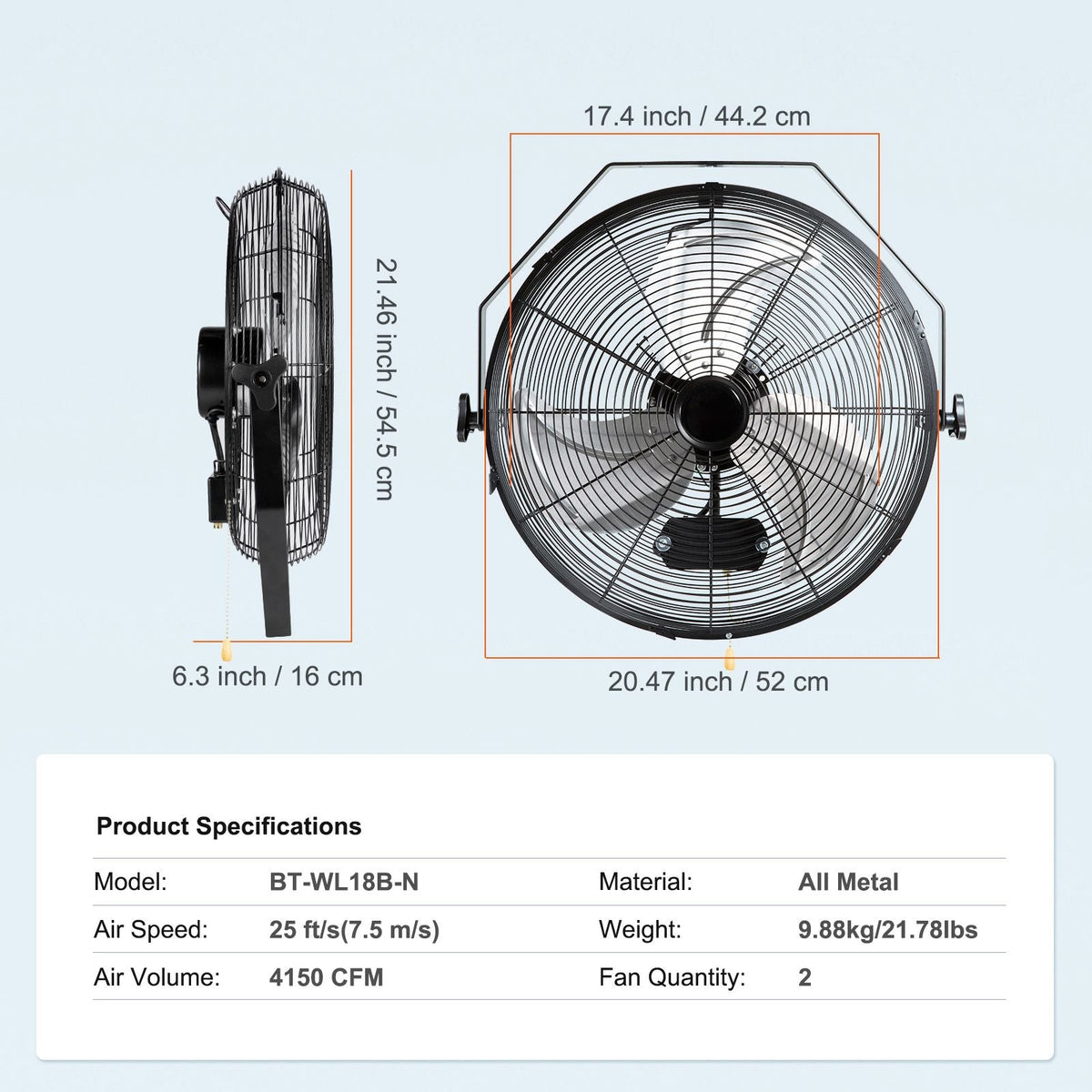 Wall Mount Fan, 2 PCS 18 inch Manual 360-Degree Tilt Adjustment, 3-speed High Velocity Max. 4000 CFM Industrial Wall Fan for Indoor, Commercial, Warehouse, Workshop, Basement, Garage