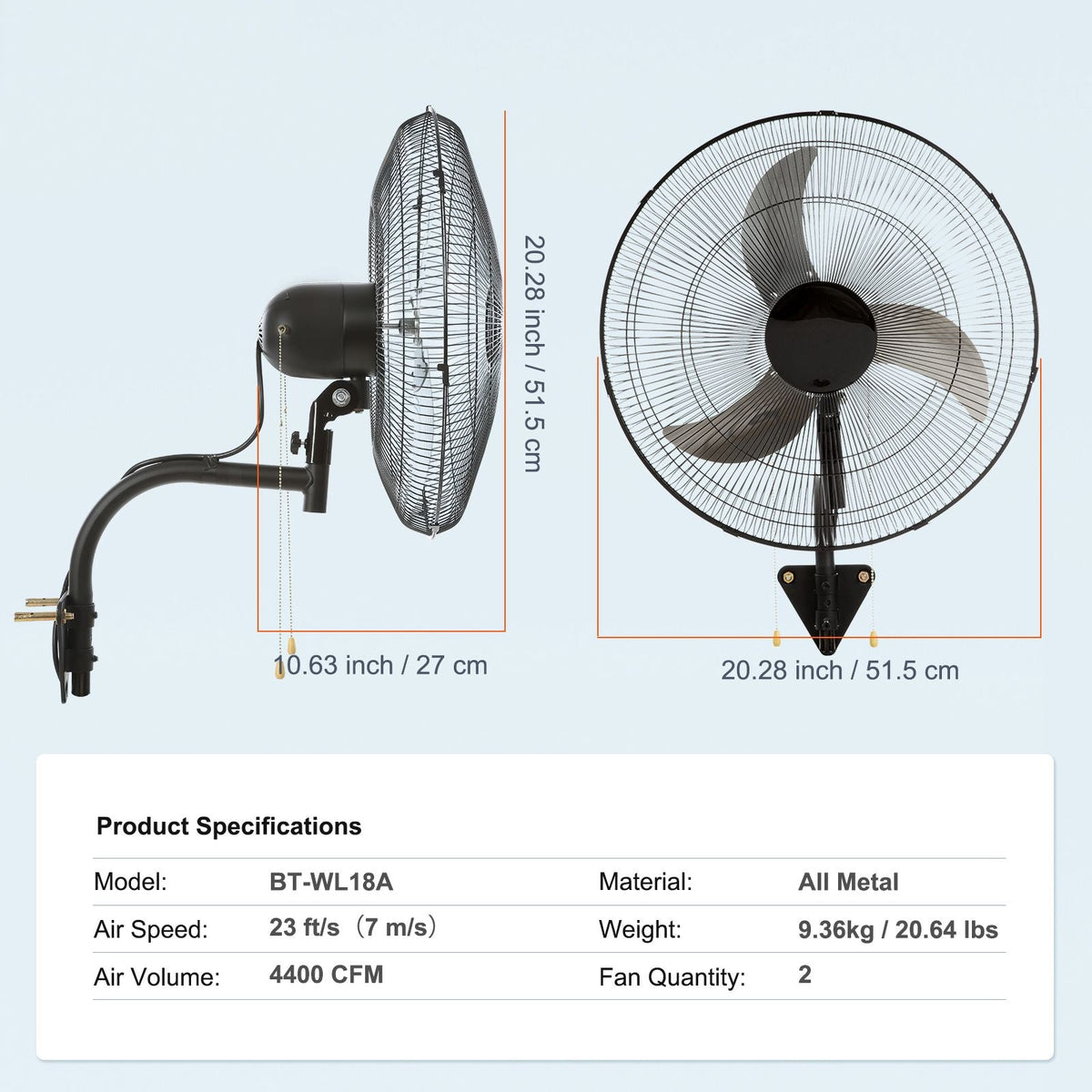 Wall Mount Fan, 2 PCS 18 inch Oscillating, 3-speed High Velocity Max. 4000 CFM Industrial Wall Fan for Indoor, Commercial, Residential, Warehouse, Greenhouse, Workshop, Basement, Garage,Black