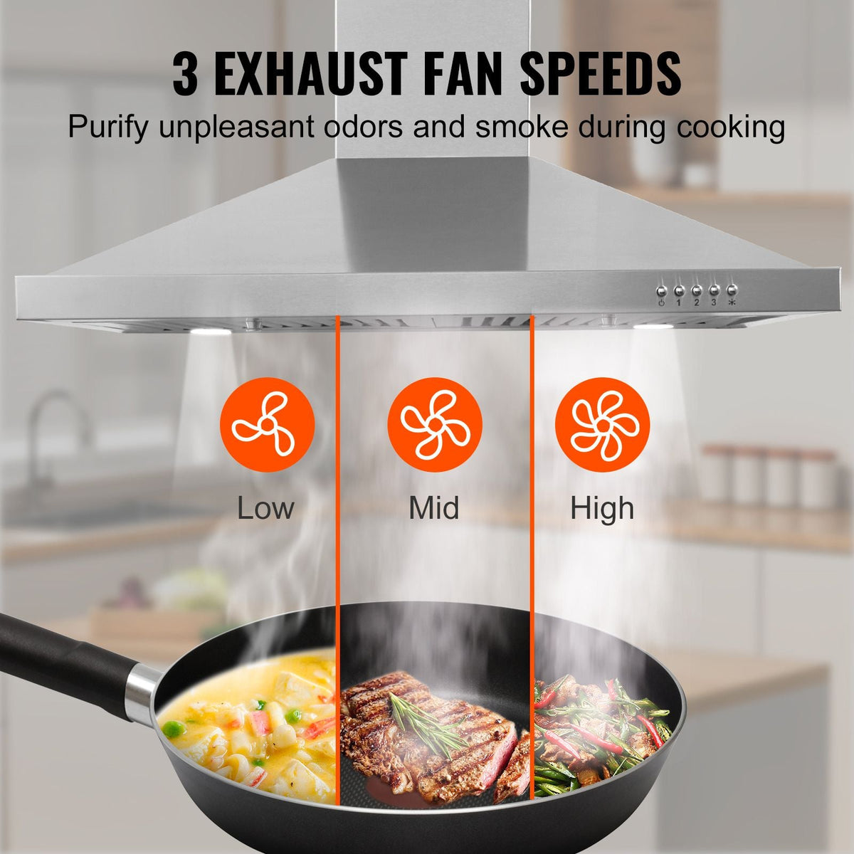Wall Mount Range Hood, Ductless Chimney-Style Kitchen Stove Vent, Stainless Steel Permanent Filter with 3-Speed Exhaust Fan, 2 Baffle Filters, LED Lights, Push Button, Silver (30 inch)